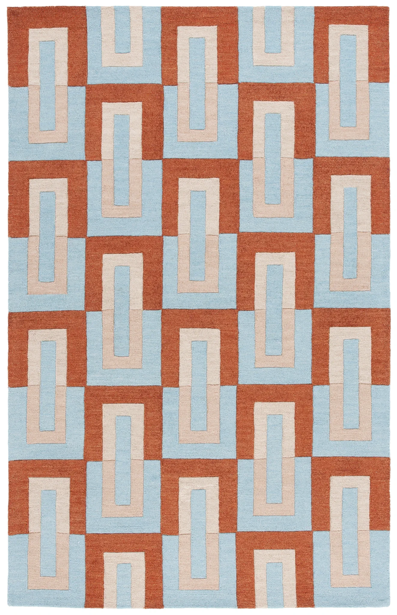 Genre Interlocking Rectangles Hand-Tufted Wool Rug in Light Blue / Rust