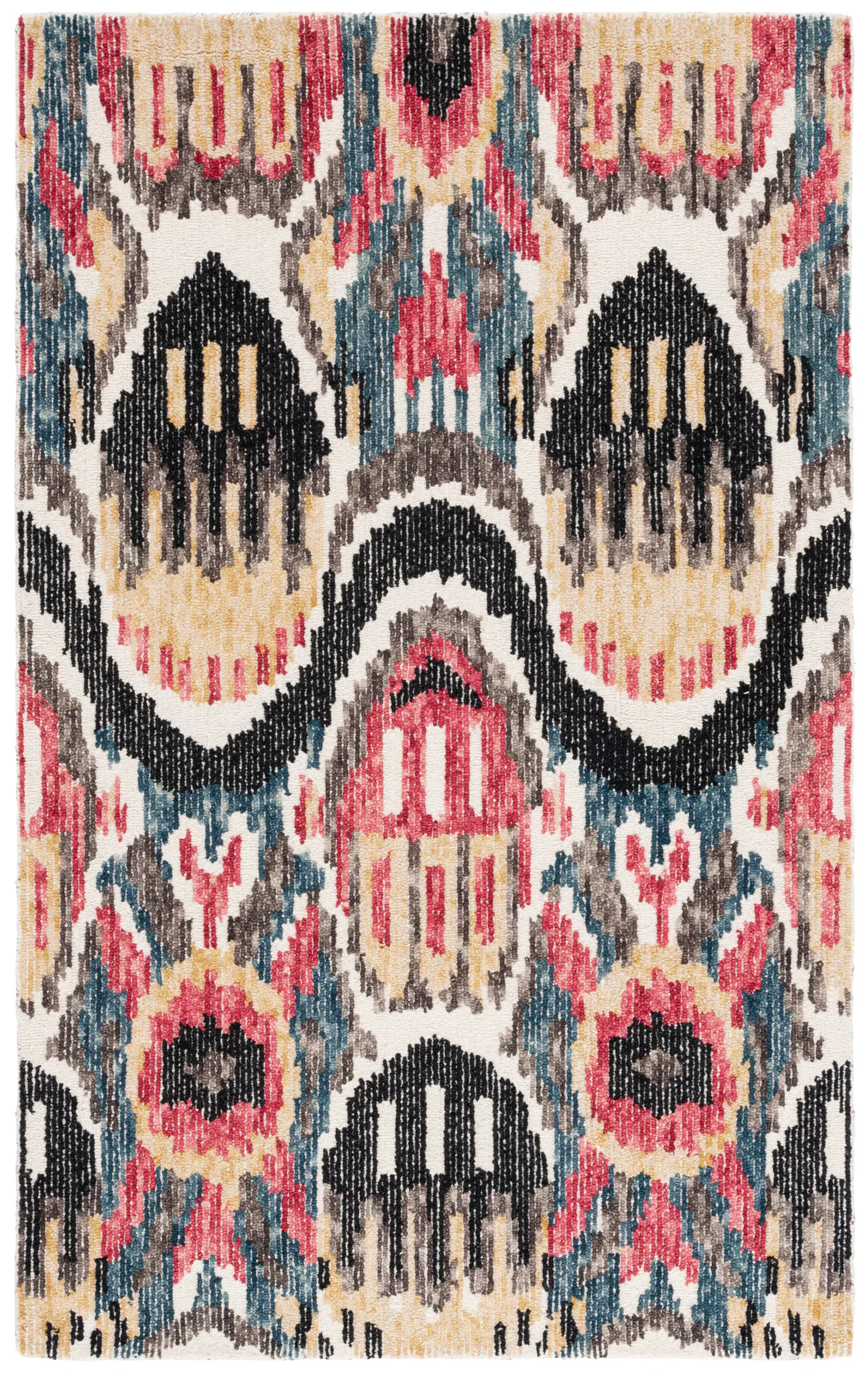 Ikat Bohemian Feathered Wave Hand-Tufted Wool Rug in Black / Red