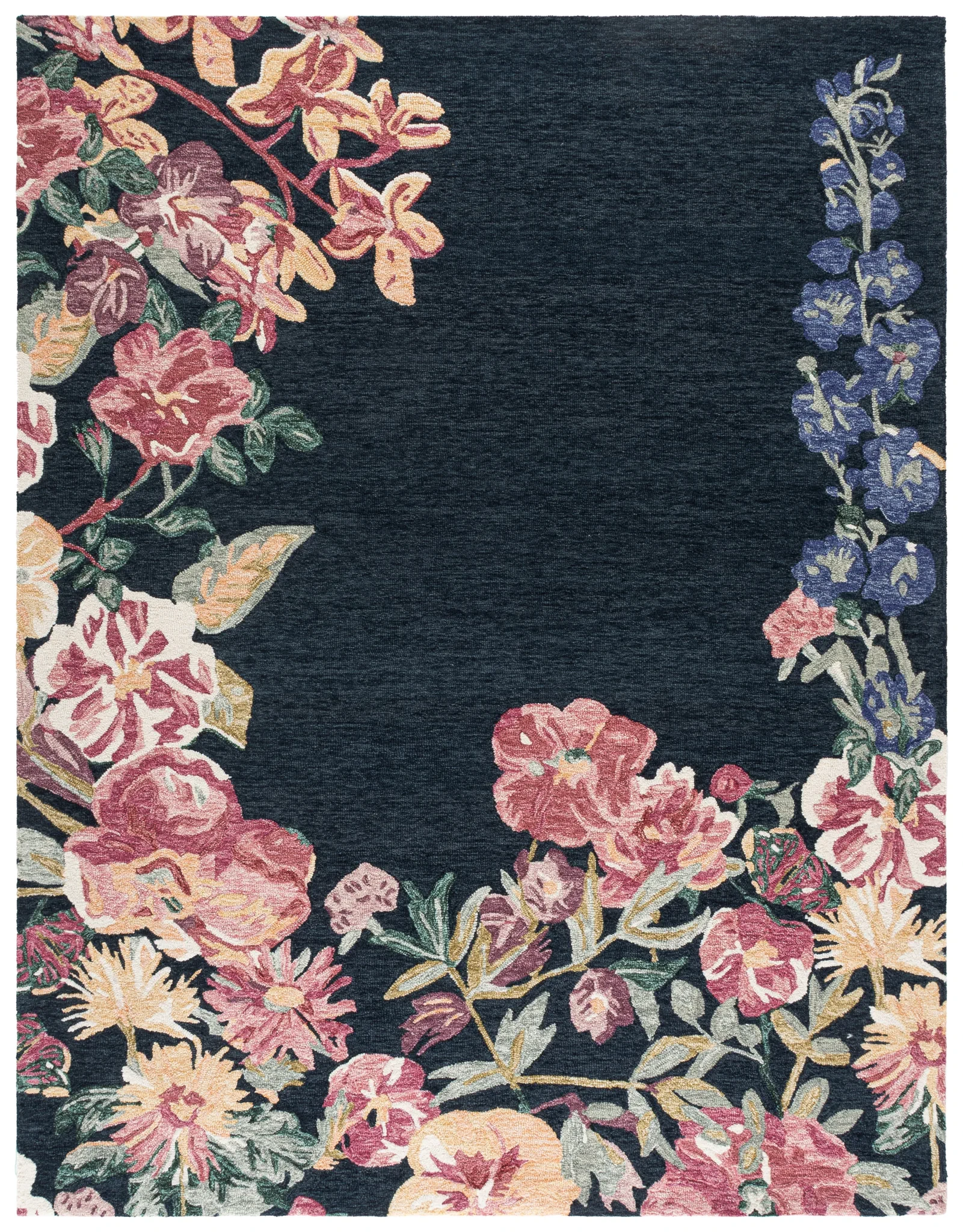 Jardin Asymmetrical Floral Hand-Tufted Wool Rug in Navy / Pink