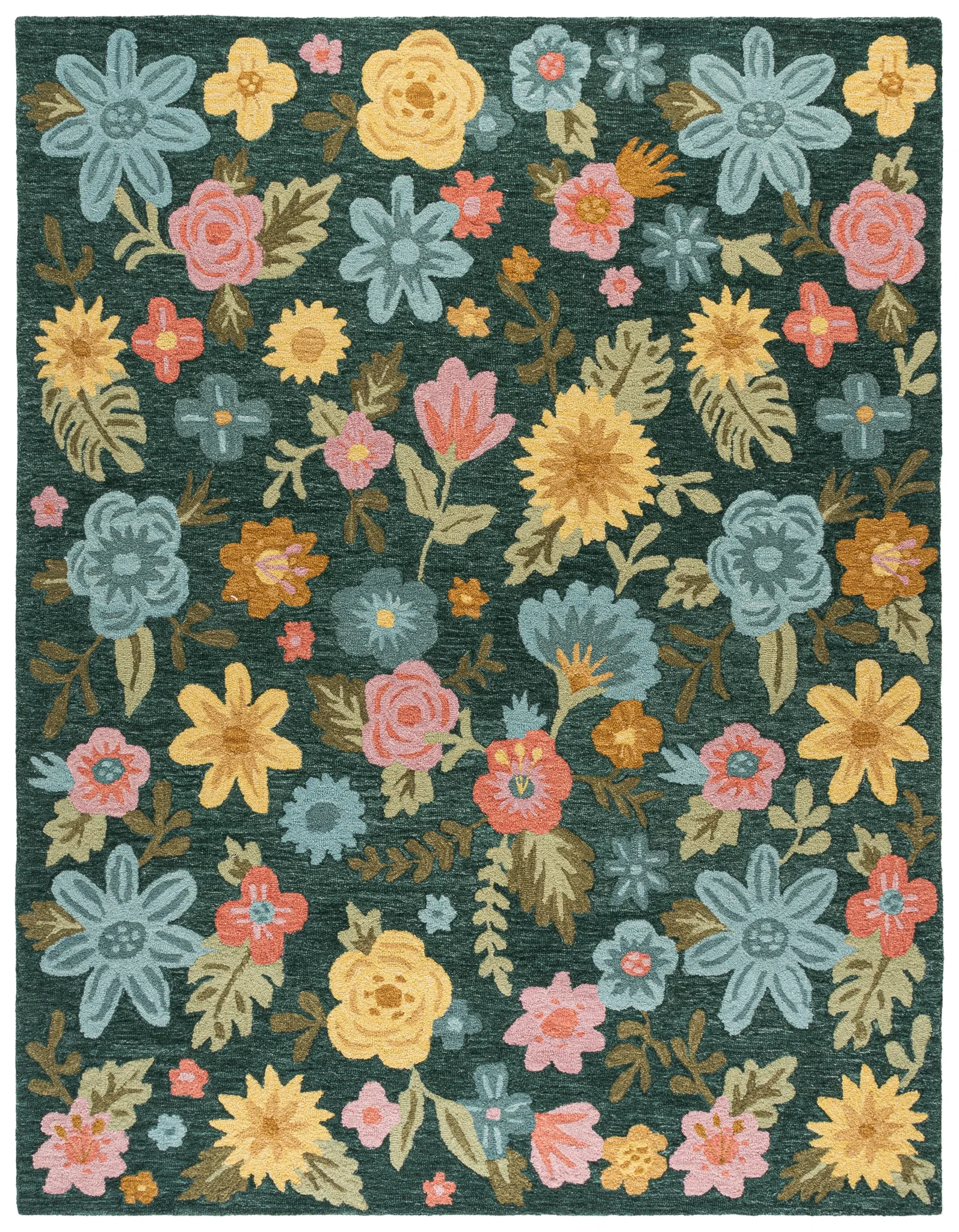 Jardin Folk Floral Hand-Tufted Wool Rug in Green / Blue