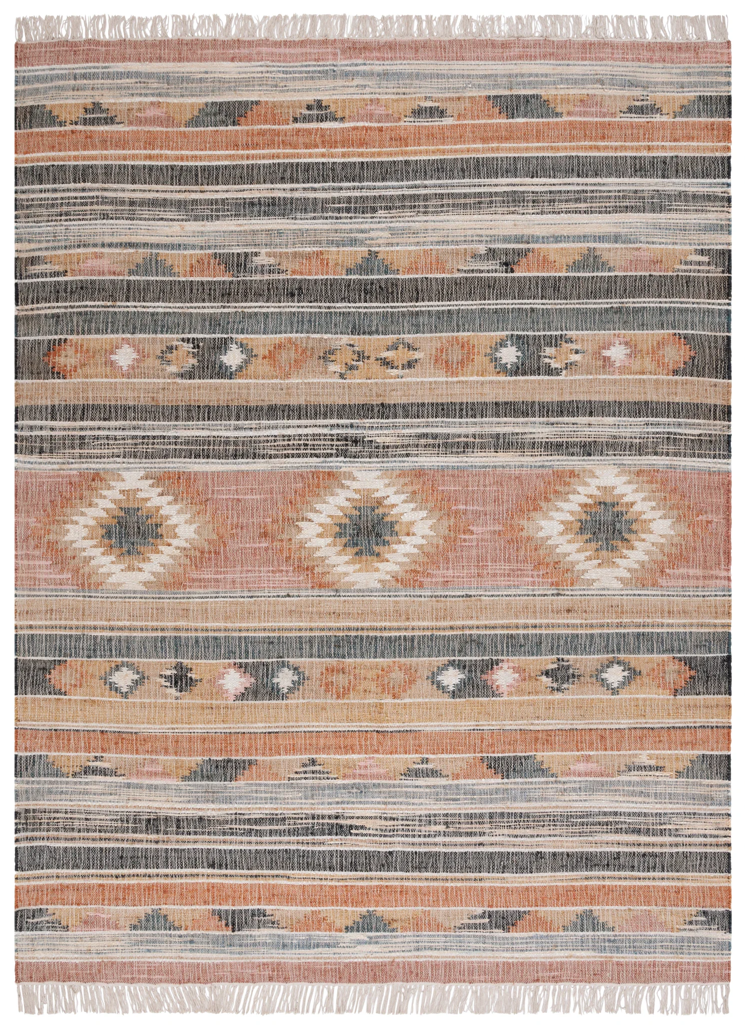Kilim Banded Diamond Flatweave Jute Rug in Blue / Rust