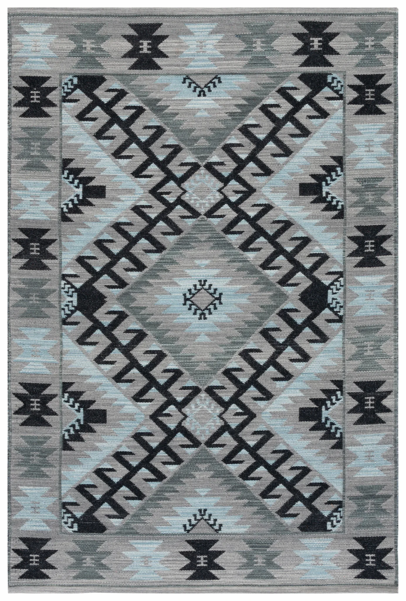 Kilim Tribal Diamond Medallion Hand-Woven Rug in Gray / Black