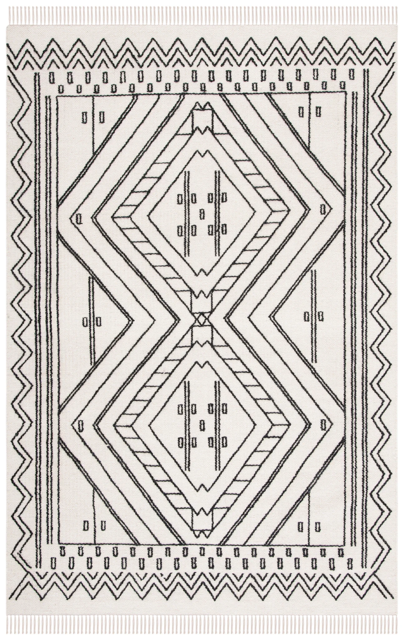 Kilim Diamond Zigzag Hand-Loomed Wool Rug in Ivory / Black