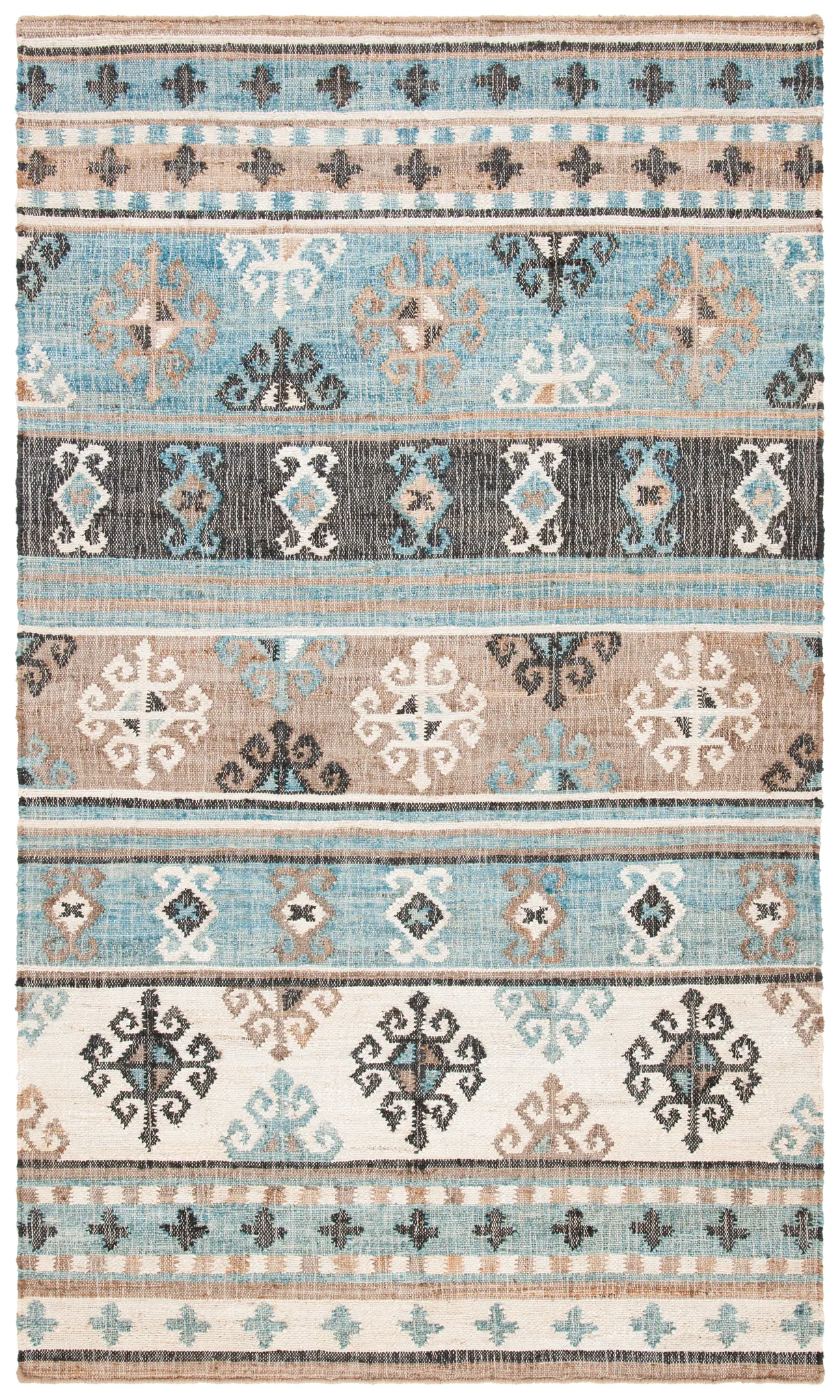 Kilim Banded Flatweave Jute Rug in Blue / Ivory