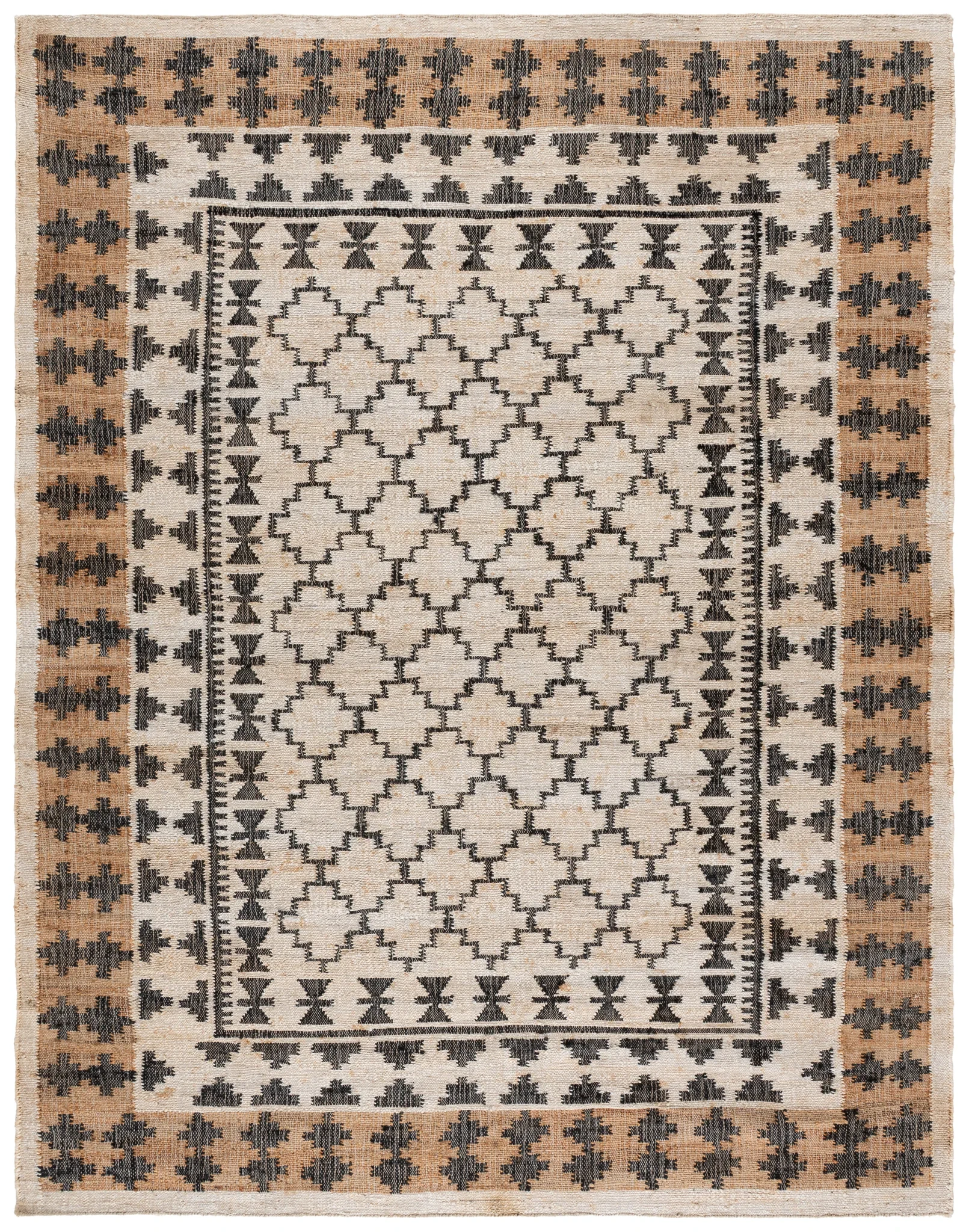 Kilim Bordered Diamond Flatweave Jute Rug in Ivory / Gray