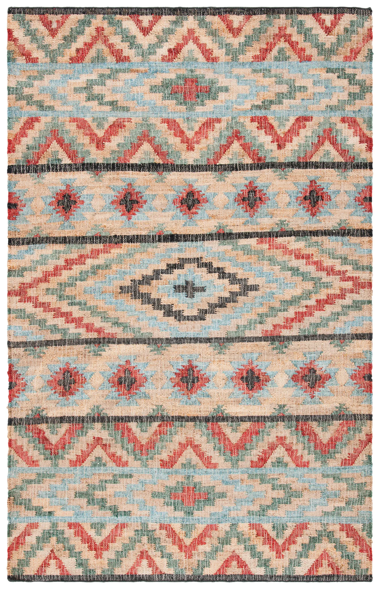 Kilim Stepped Diamond Flatweave Jute Rug in Natural / Red