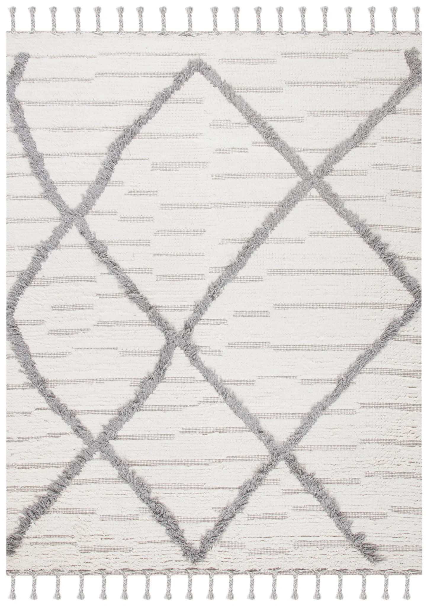 Kenya Textured Diamond Trellis Hand-Woven Shag Wool Rug in Ivory / Gray