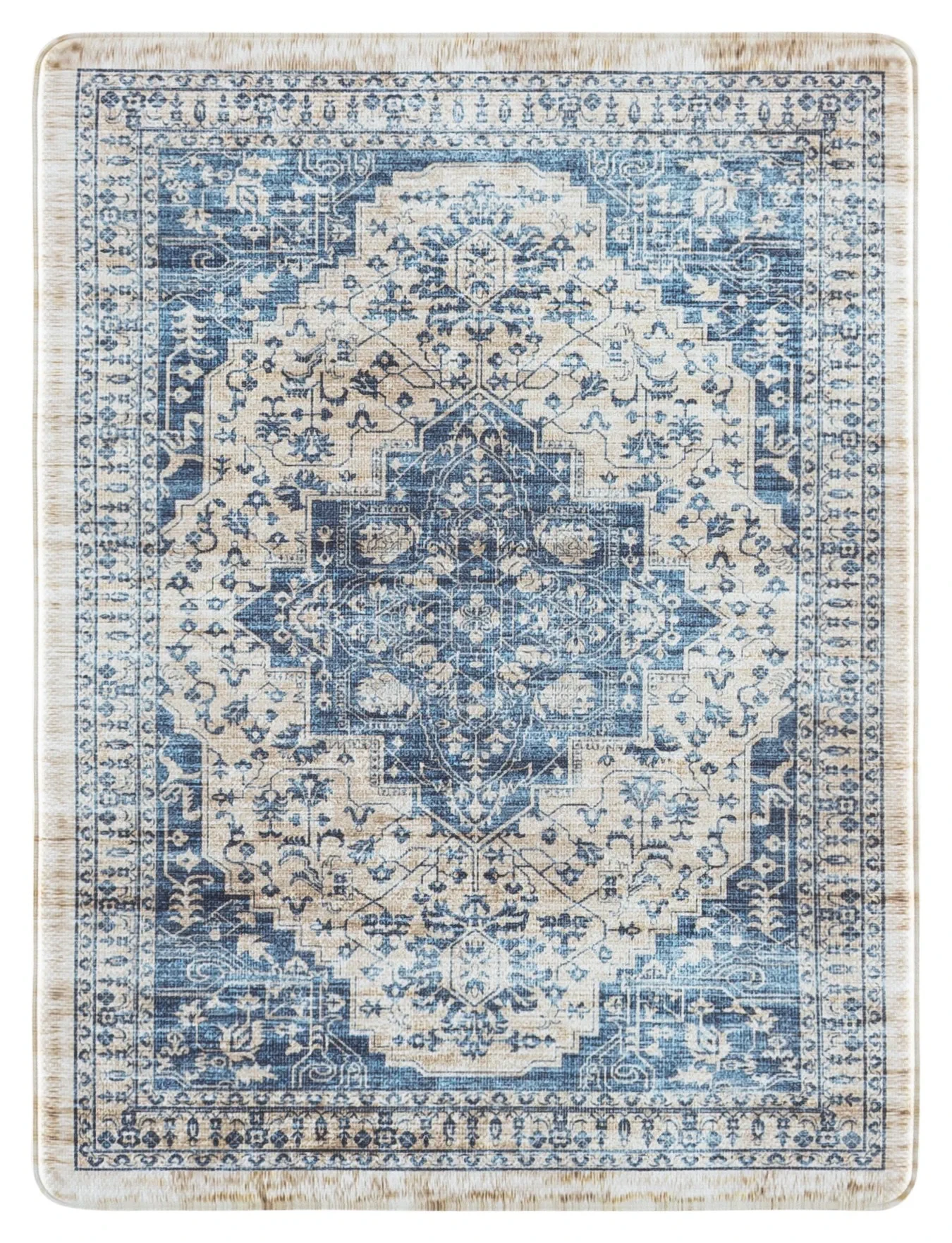 Evoke Distressed Medallion Kitchen Mat in Beige / Blue
