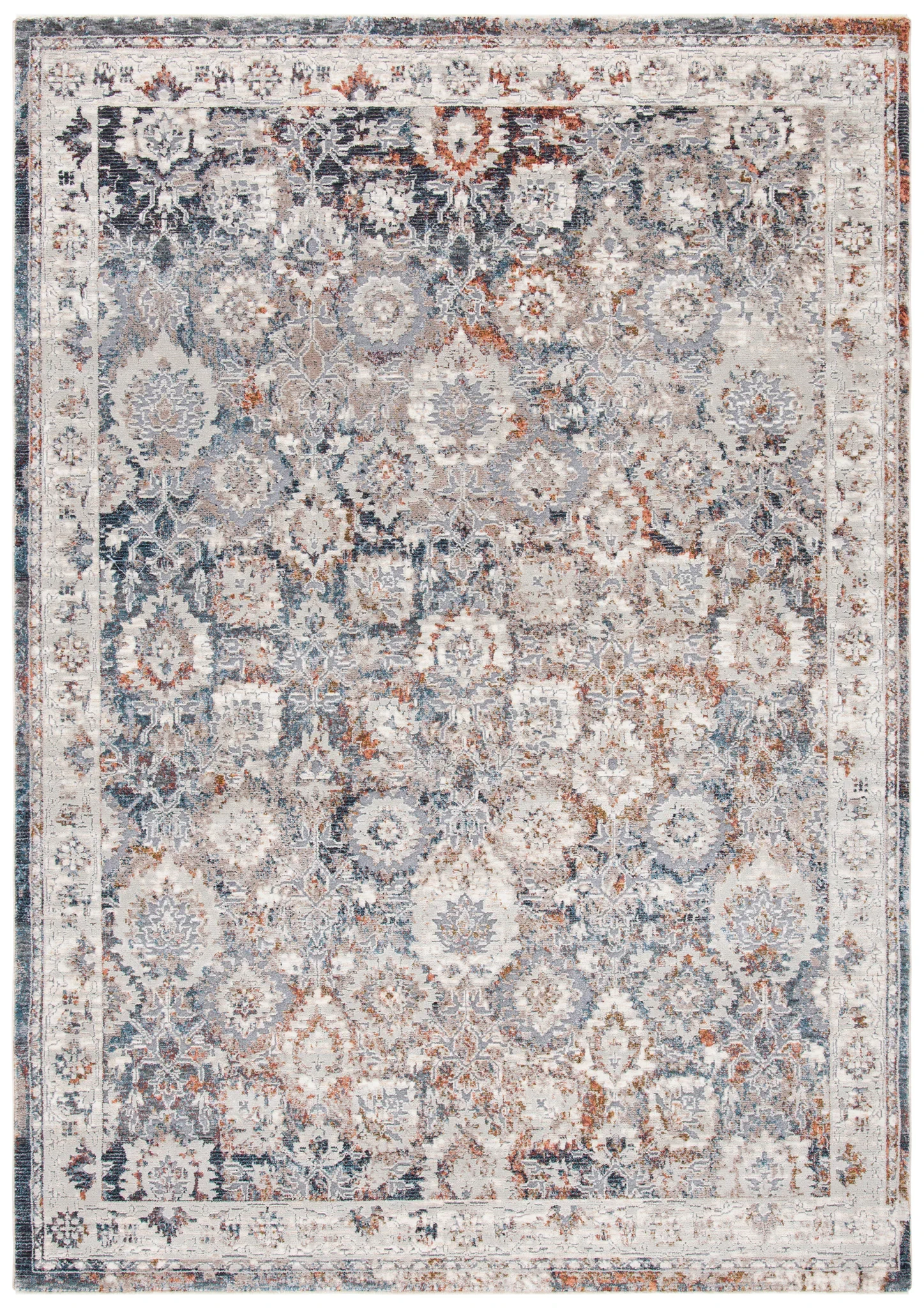 Limitee Distressed Floral Border Rug in Charcoal / Beige