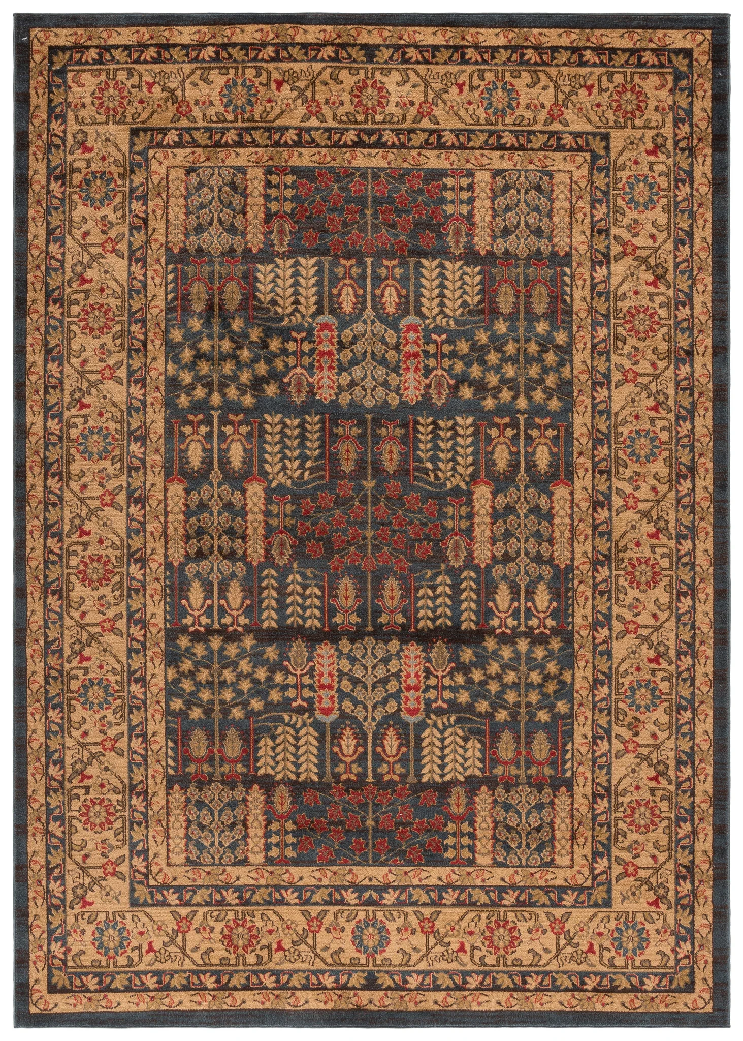 Mahal Botanical Bordered Rug in Navy / Natural
