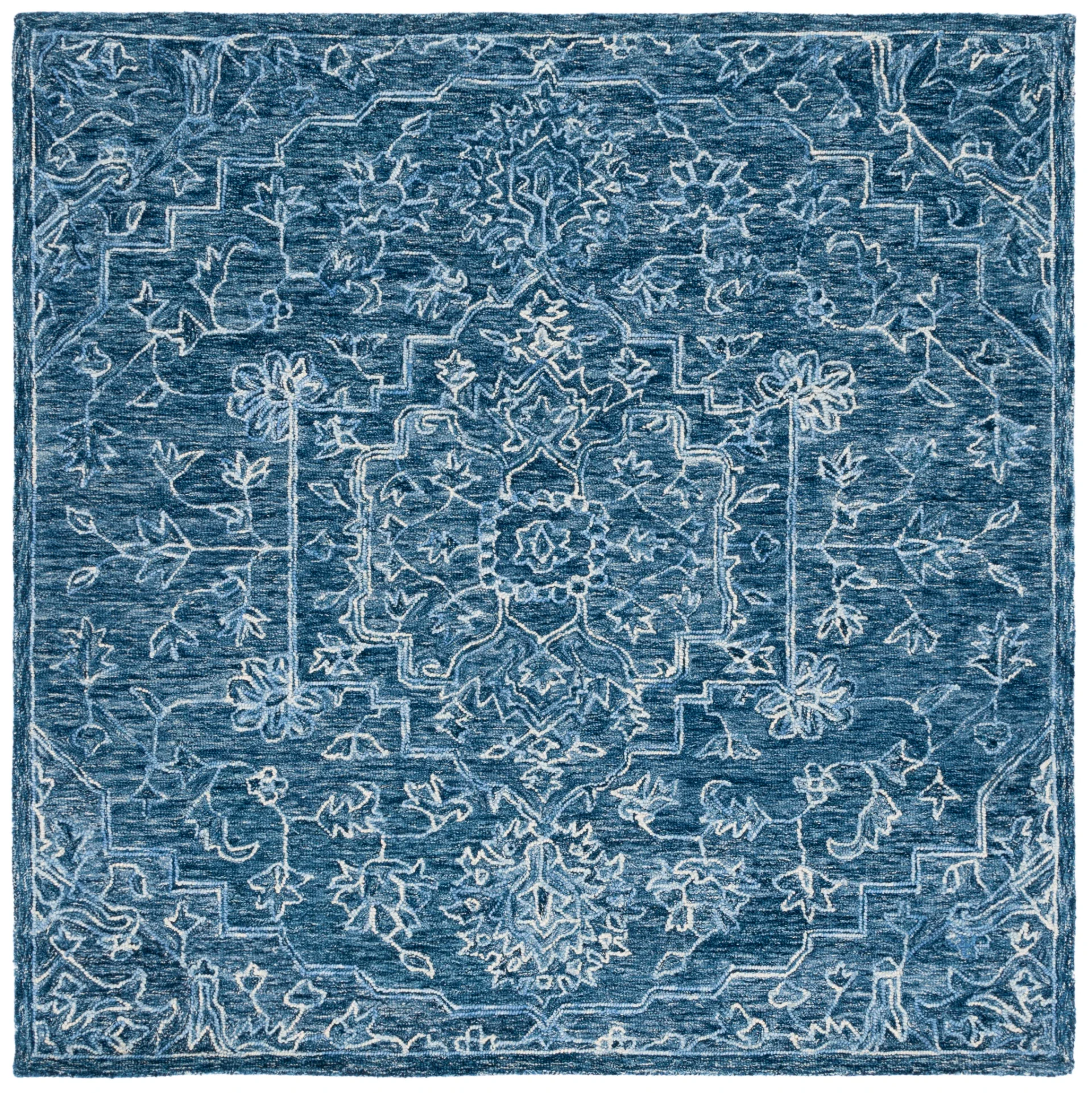Metro Stepped Floral Medallion Hand-Tufted Wool Rug in Blue