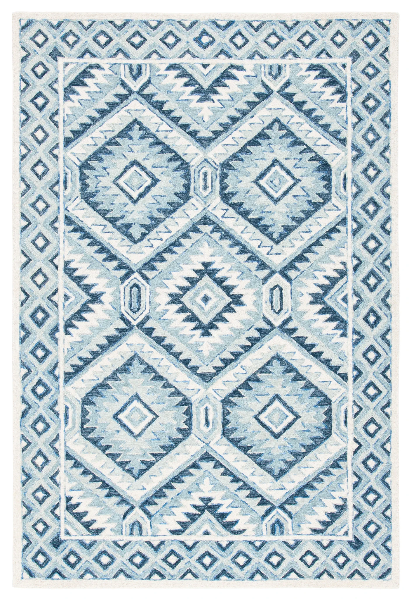 Metro Tribal Serrated Diamond Medallion Hand-Tufted Wool Rug in Blue / Ivory