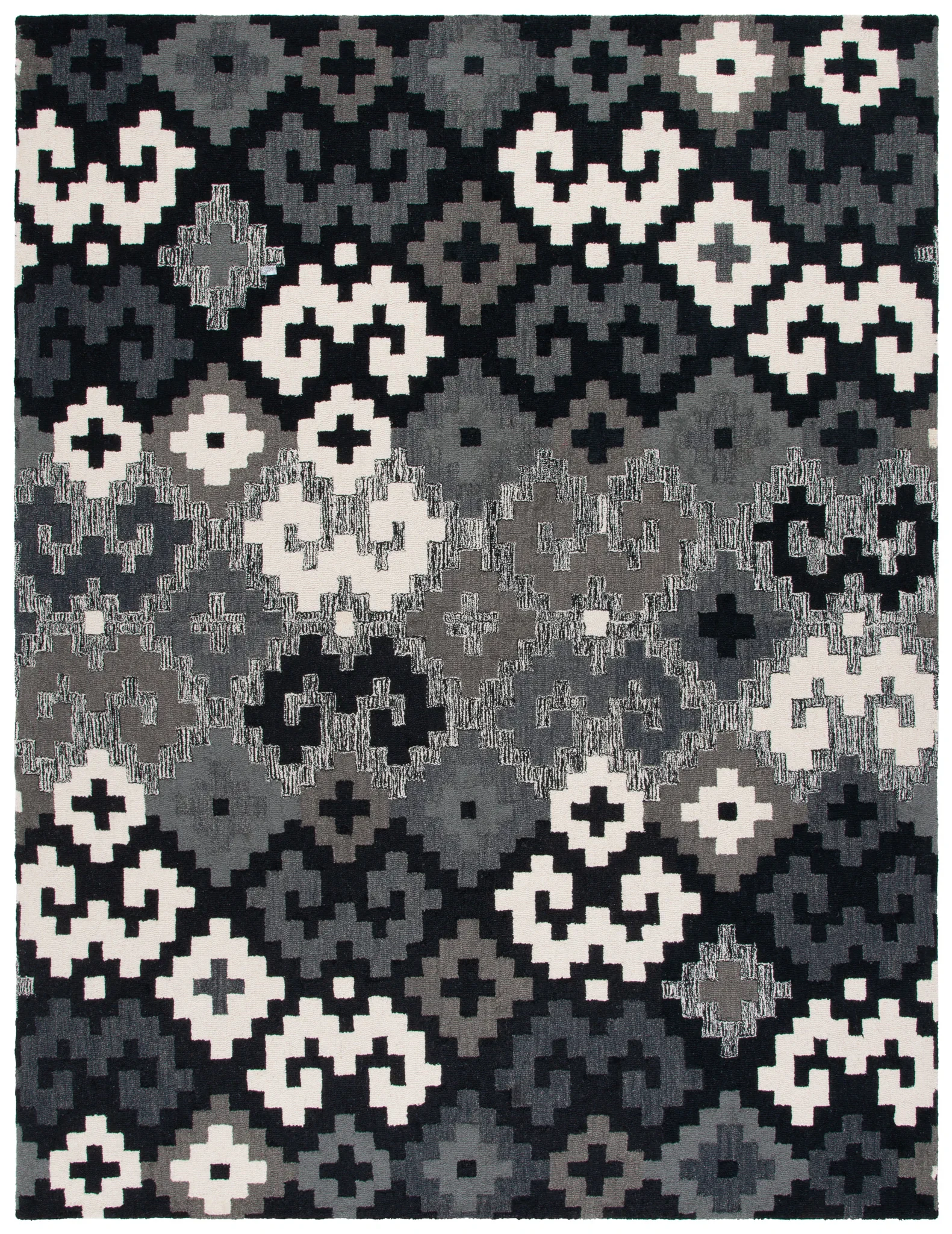 Metro Stepped Geometric Hand-Tufted Wool Rug in Black / Ivory