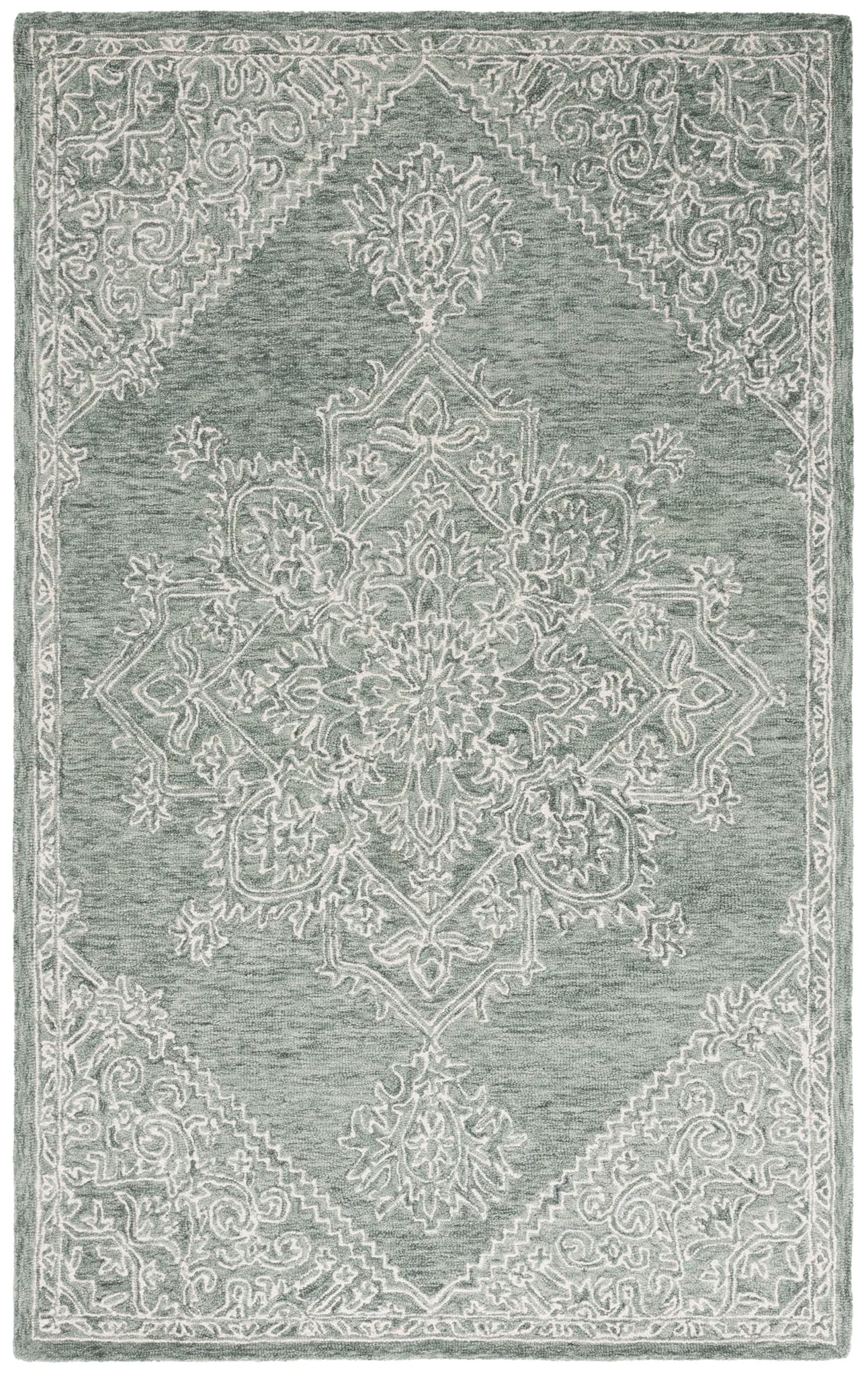 Metro Linear Medallion Hand-Tufted Wool Rug in Green / Ivory