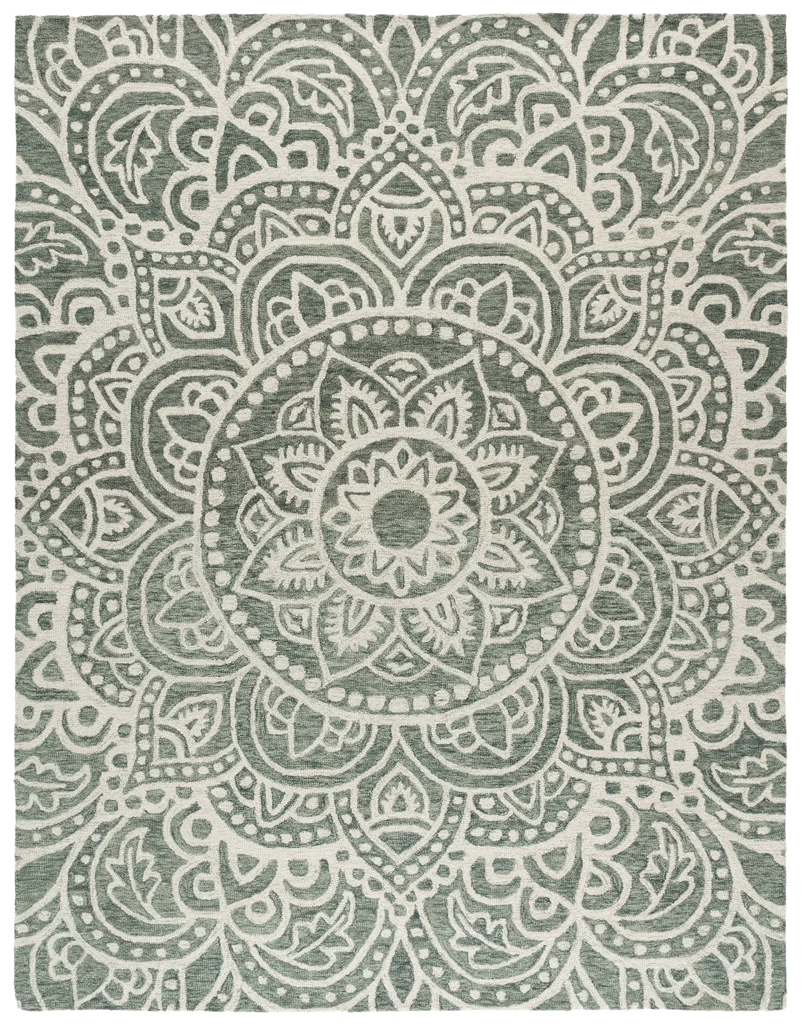 Metro Mandala Medallion Hand-Tufted Wool Rug in Green / Ivory