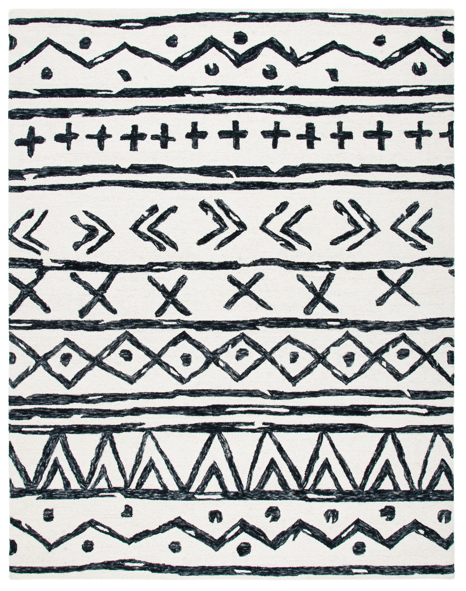 Metro Tribal Motif Stripe Hand-Tufted Wool Rug in Black / Ivory