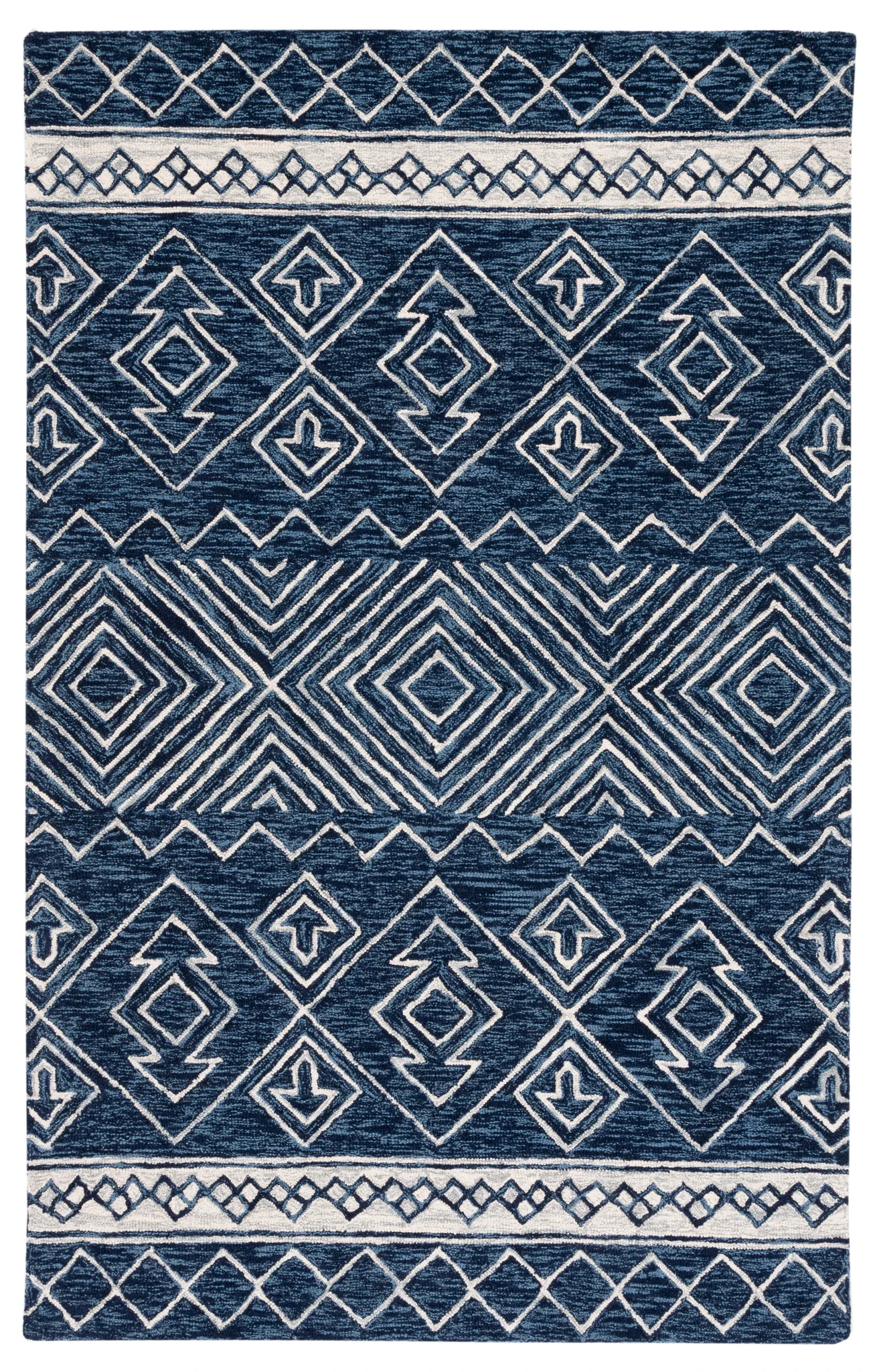 Metro Diamond Banded Hand-Tufted Wool Rug in Navy / Ivory