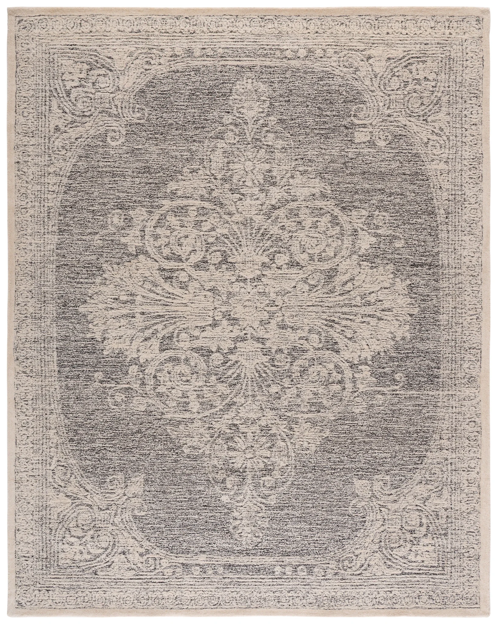 Metro Scroll Medallion Hand-Tufted Wool Rug in Ivory / Black