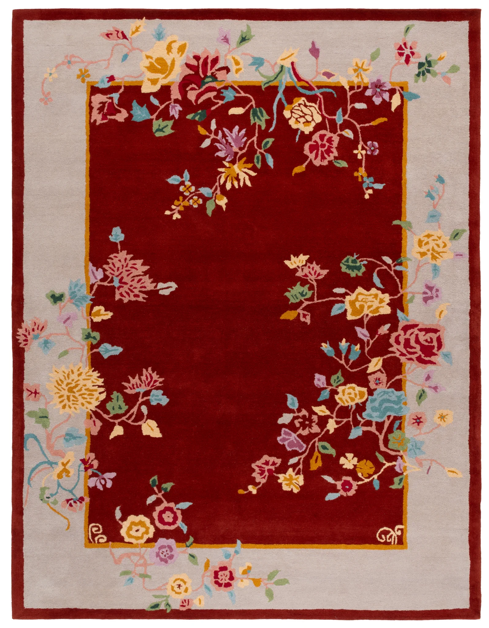 Metro Trailing Floral Border Hand-Tufted Wool Rug in Rust / Beige