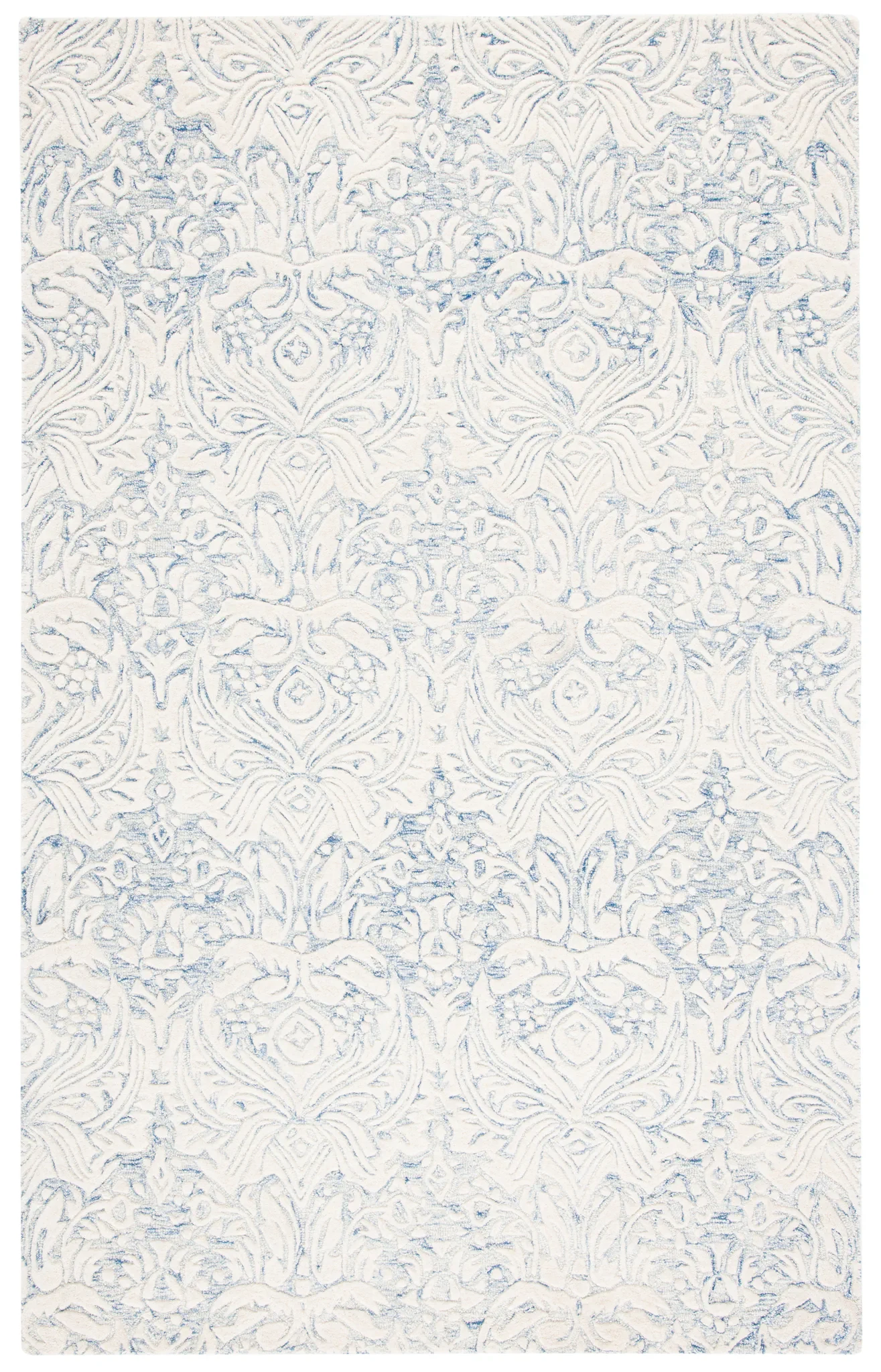 Metro Ornamental Damask Hand-Tufted Wool Rug in Blue / Ivory