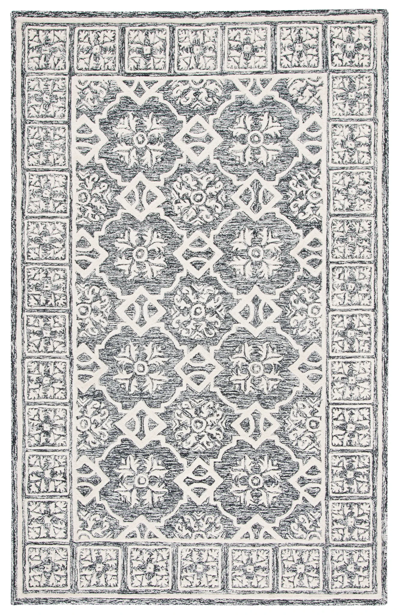 Metro Tile Bordered Hand-Tufted Wool Rug in Black / Ivory
