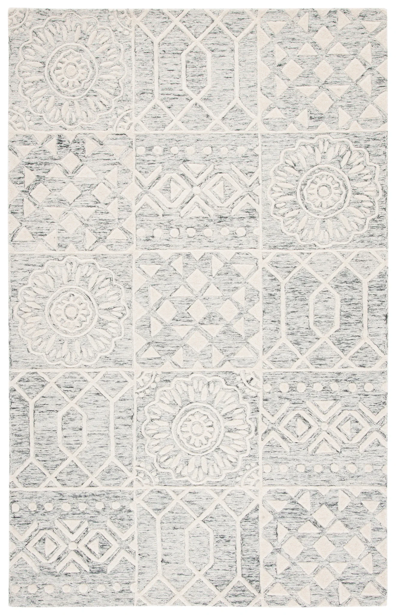Metro Patchwork Tile Hand-Tufted Wool Rug in Silver / Ivory
