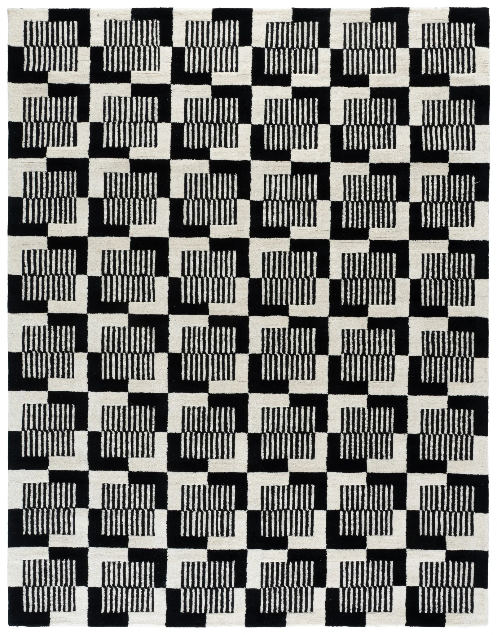 Metro Striped Checkerboard Hand-Tufted Wool Rug in Black / Ivory