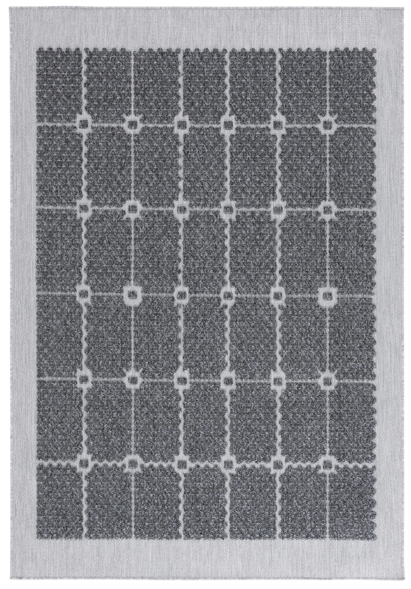 Milos Grid Border Outdoor Rug in Charcoal