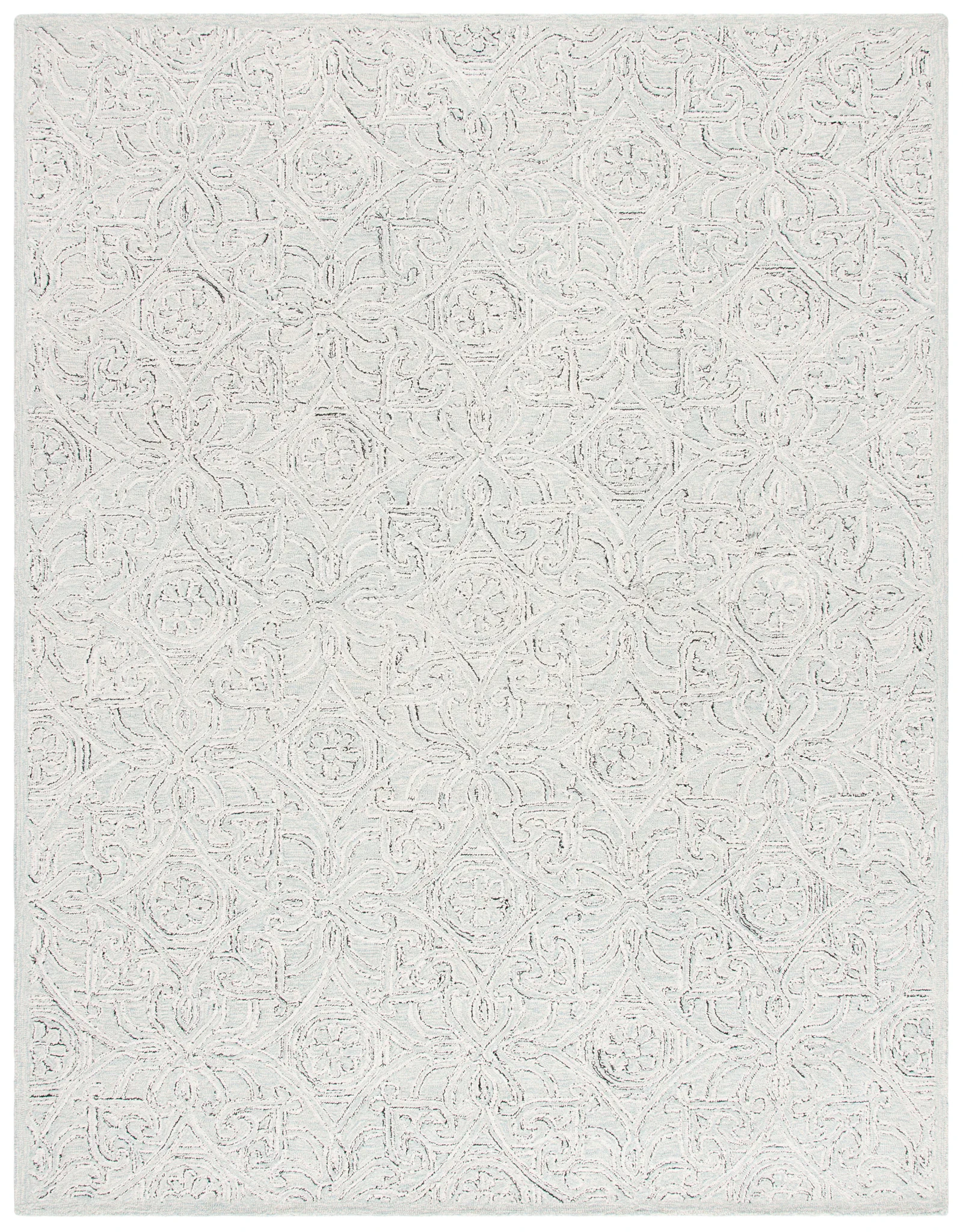 Micro-Loop Arabesque Tile Hand-Tufted Wool Rug in Gray / Ivory