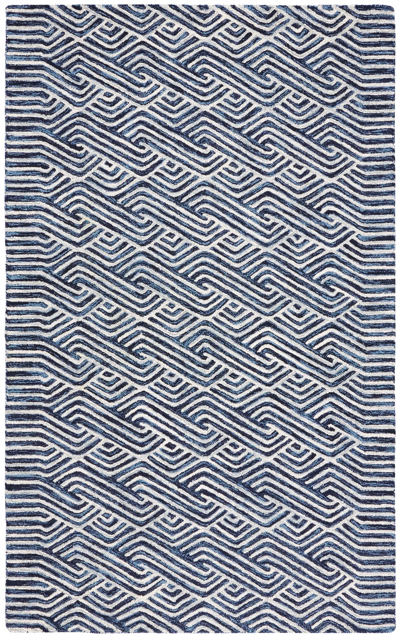 Micro-Loop Chevron Fretwork Hand-Tufted Wool Rug in Dark Blue / Ivory