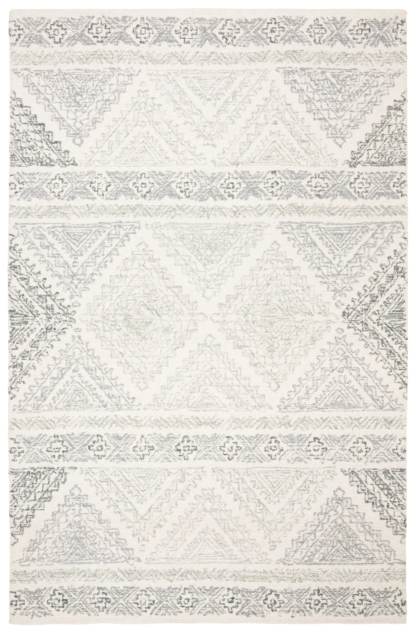Micro-Loop Banded Geometric Hand-Tufted Rug in Ivory / Gray