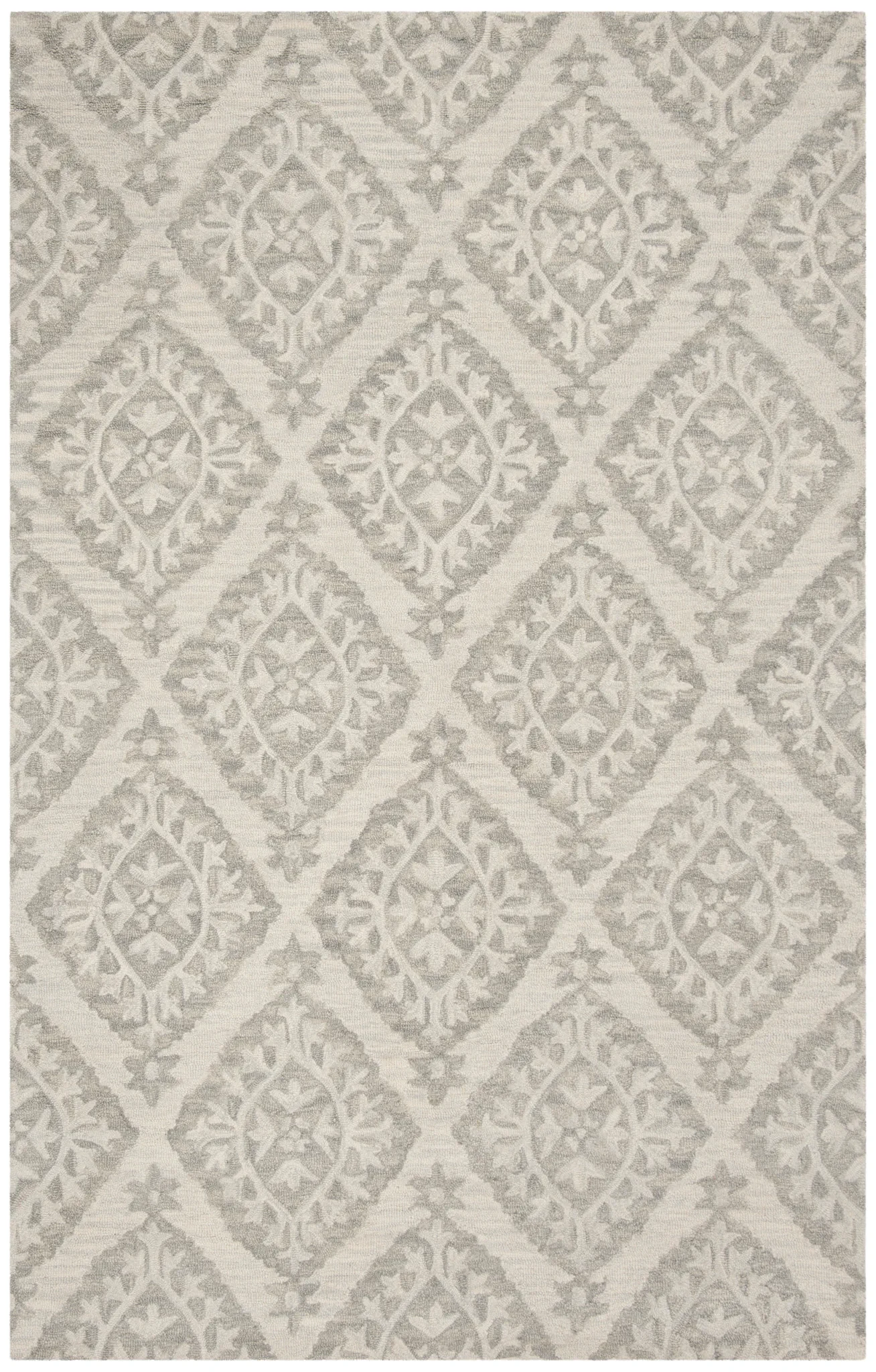 Micro-Loop Diamond Medallion Hand-Tufted Wool Rug in Light Gray