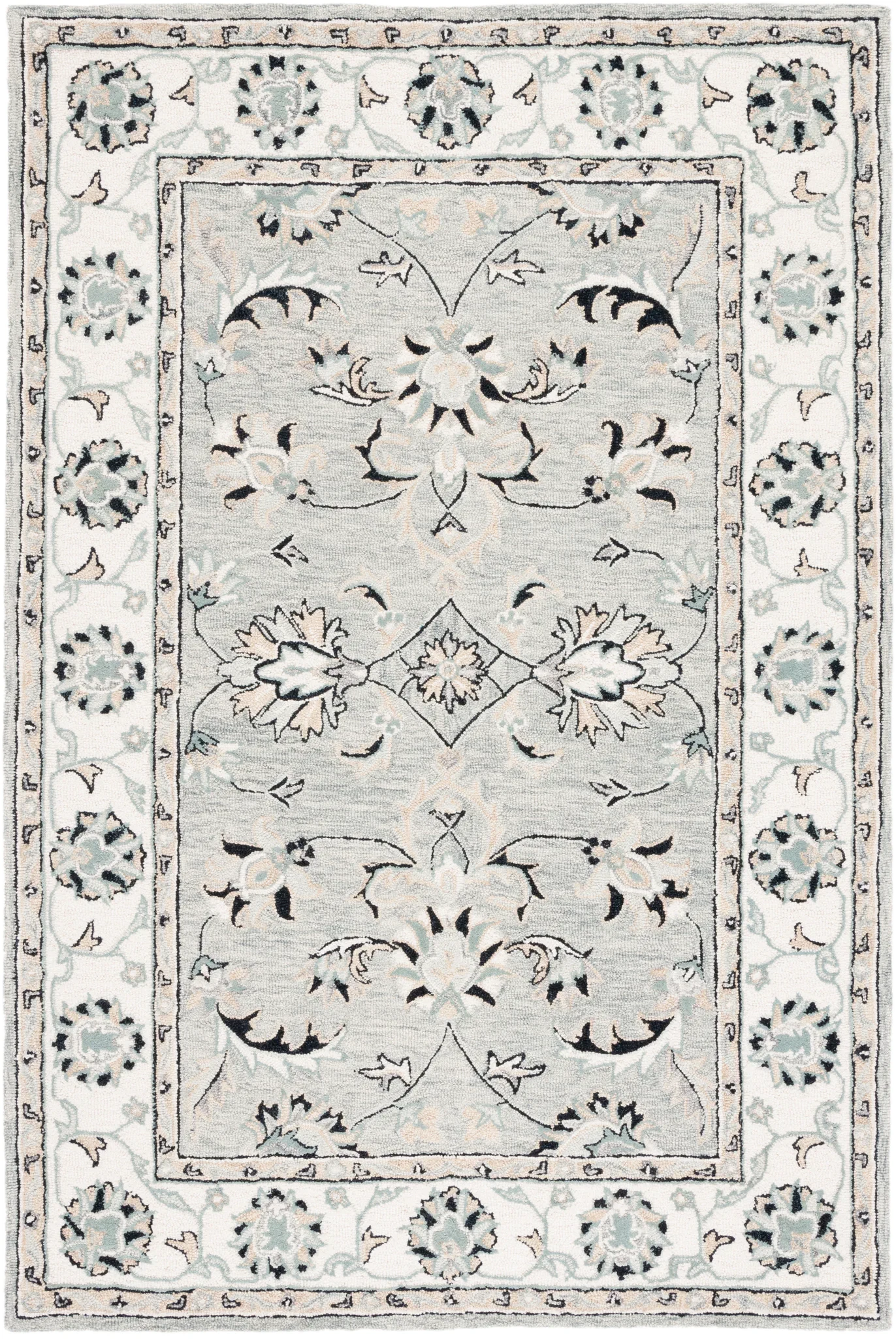 Micro-Loop Palmette Border Hand-Tufted Wool Rug in Gray / Ivory