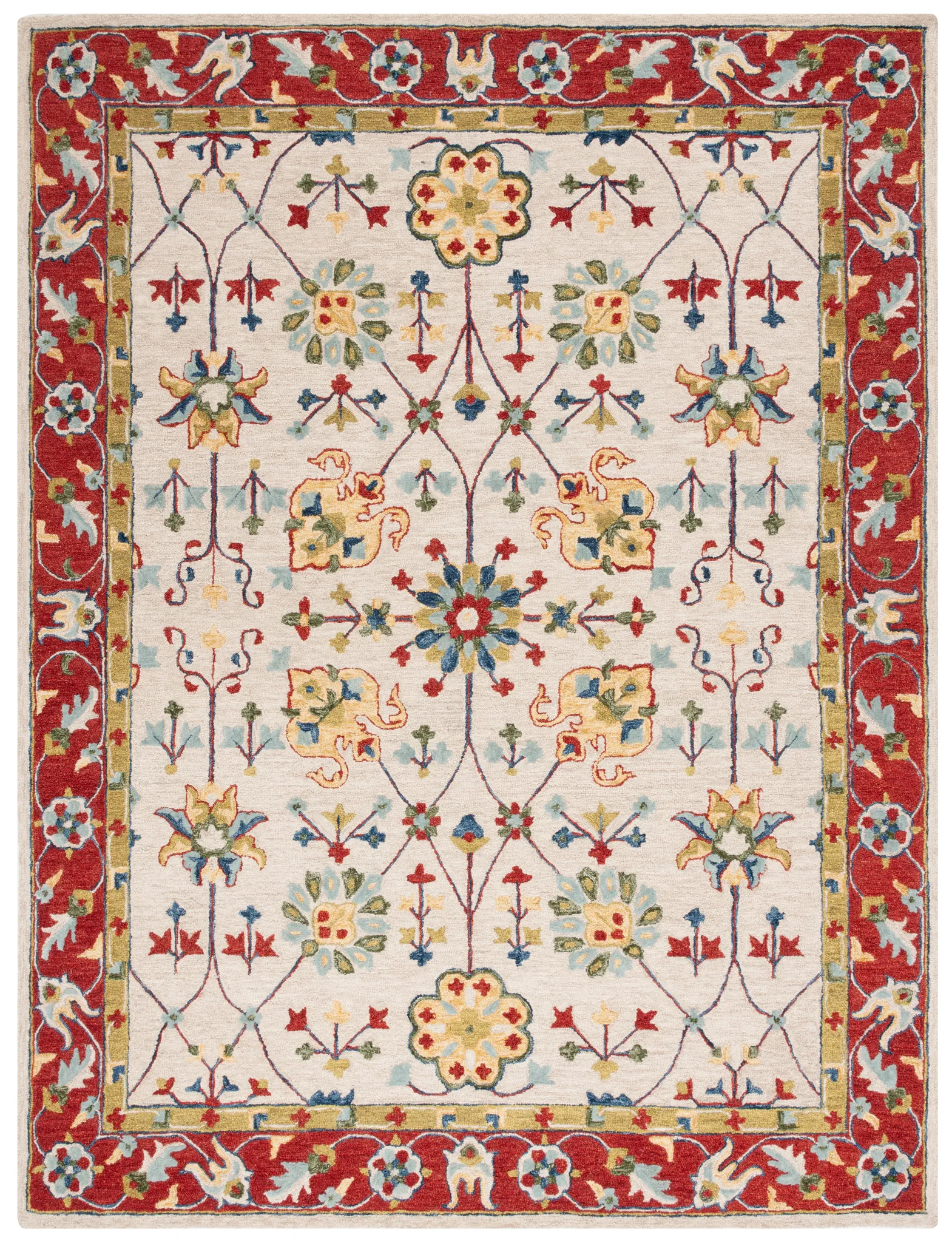 Micro-Loop Bordered Floral Trellis Hand-Tufted Wool Rug in Beige / Rust