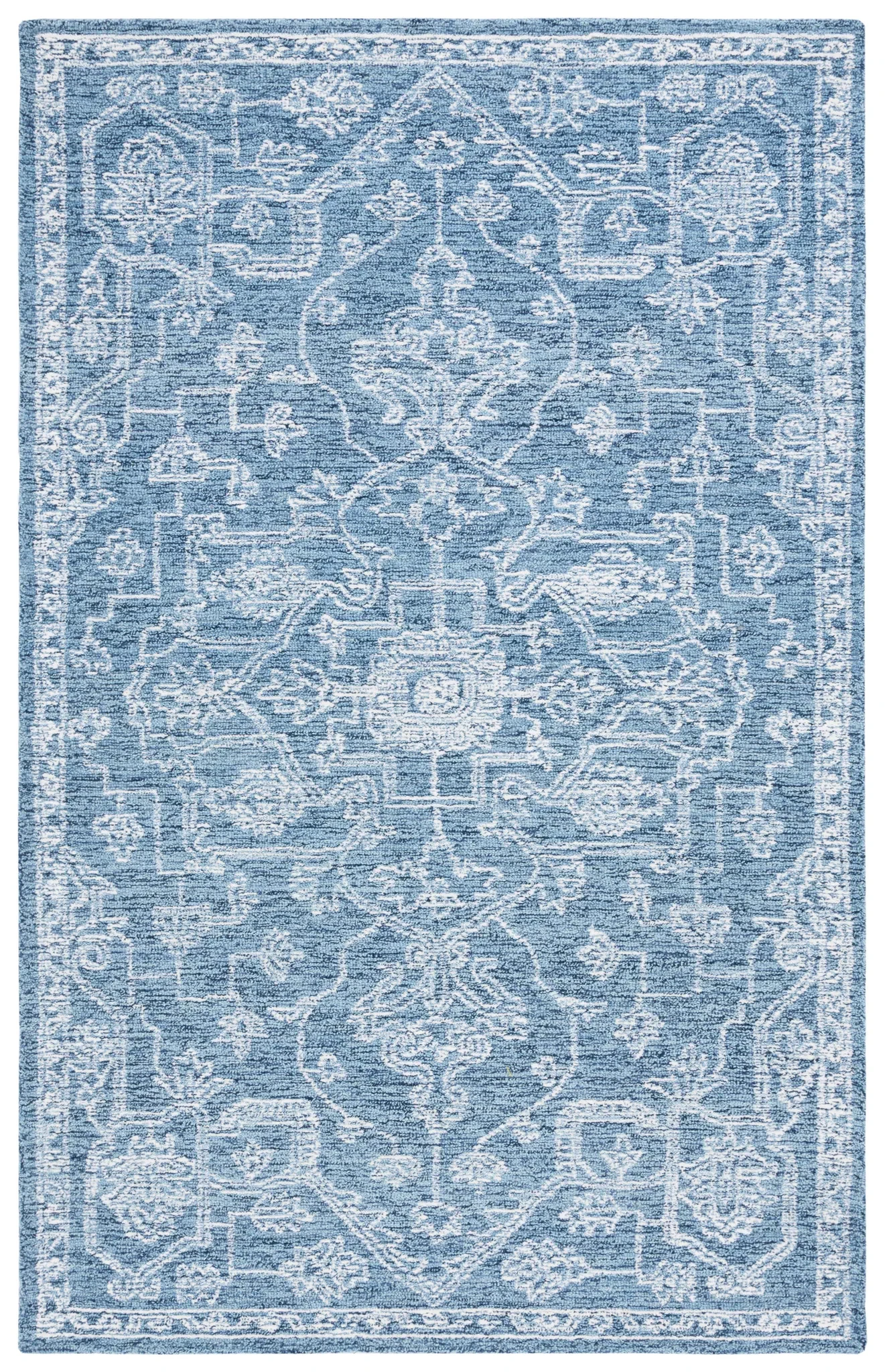 Micro-Loop Diamond Medallion Wool Rug in Blue / Ivory