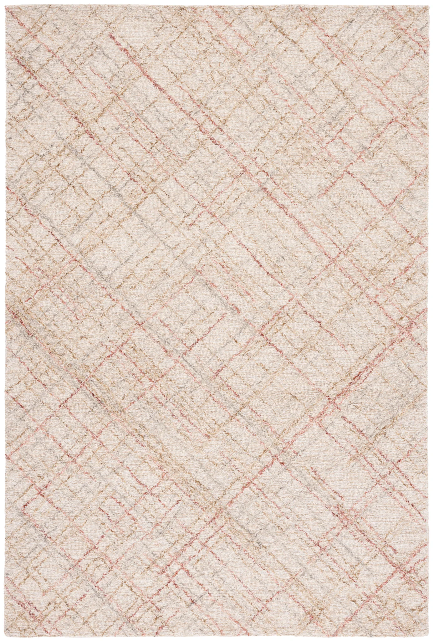 Micro-Loop Crosshatch Grid Hand-Tufted Wool Rug in Ivory / Red