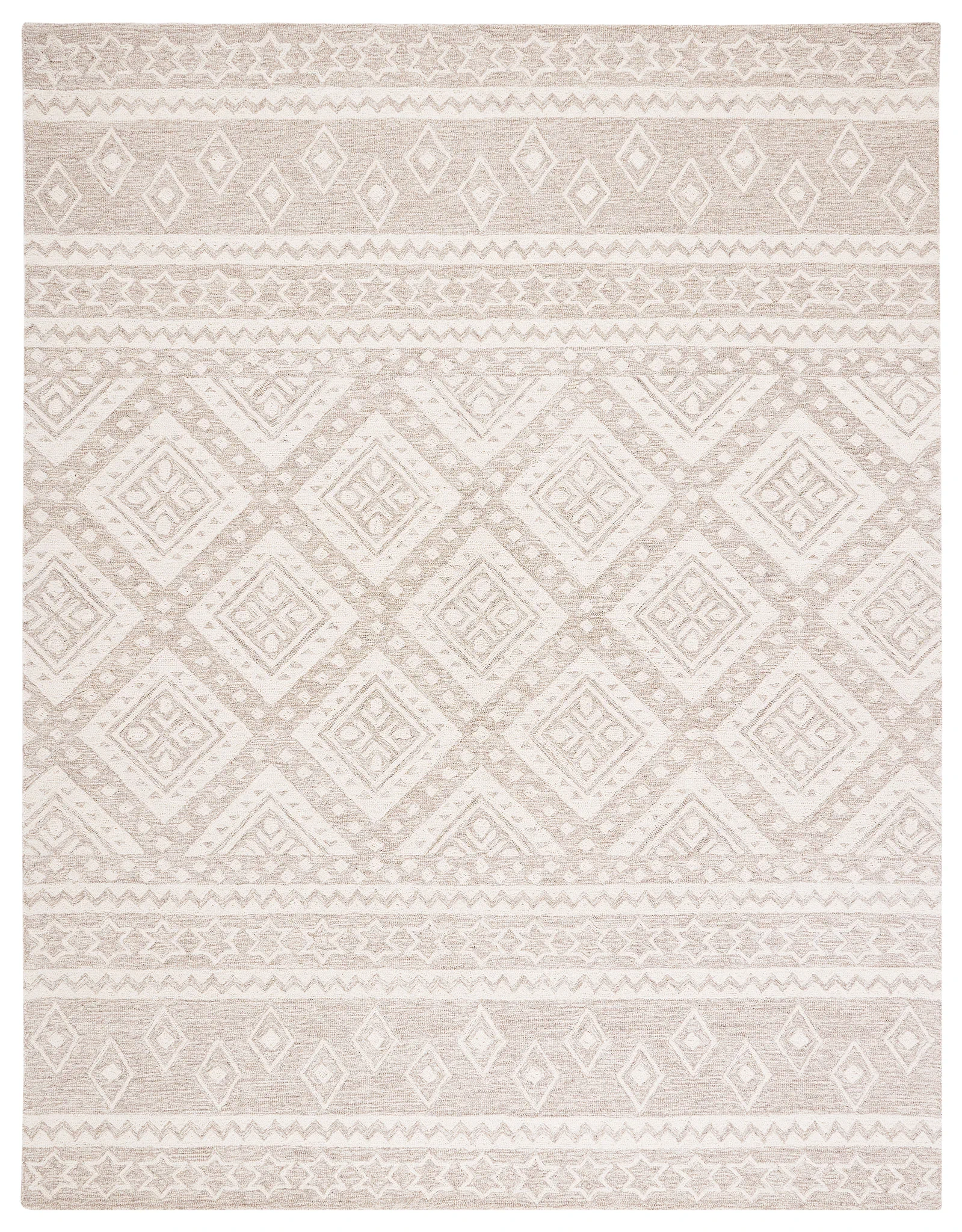 Micro-Loop Banded Geometric Hand-Tufted Wool Rug in Beige / Ivory