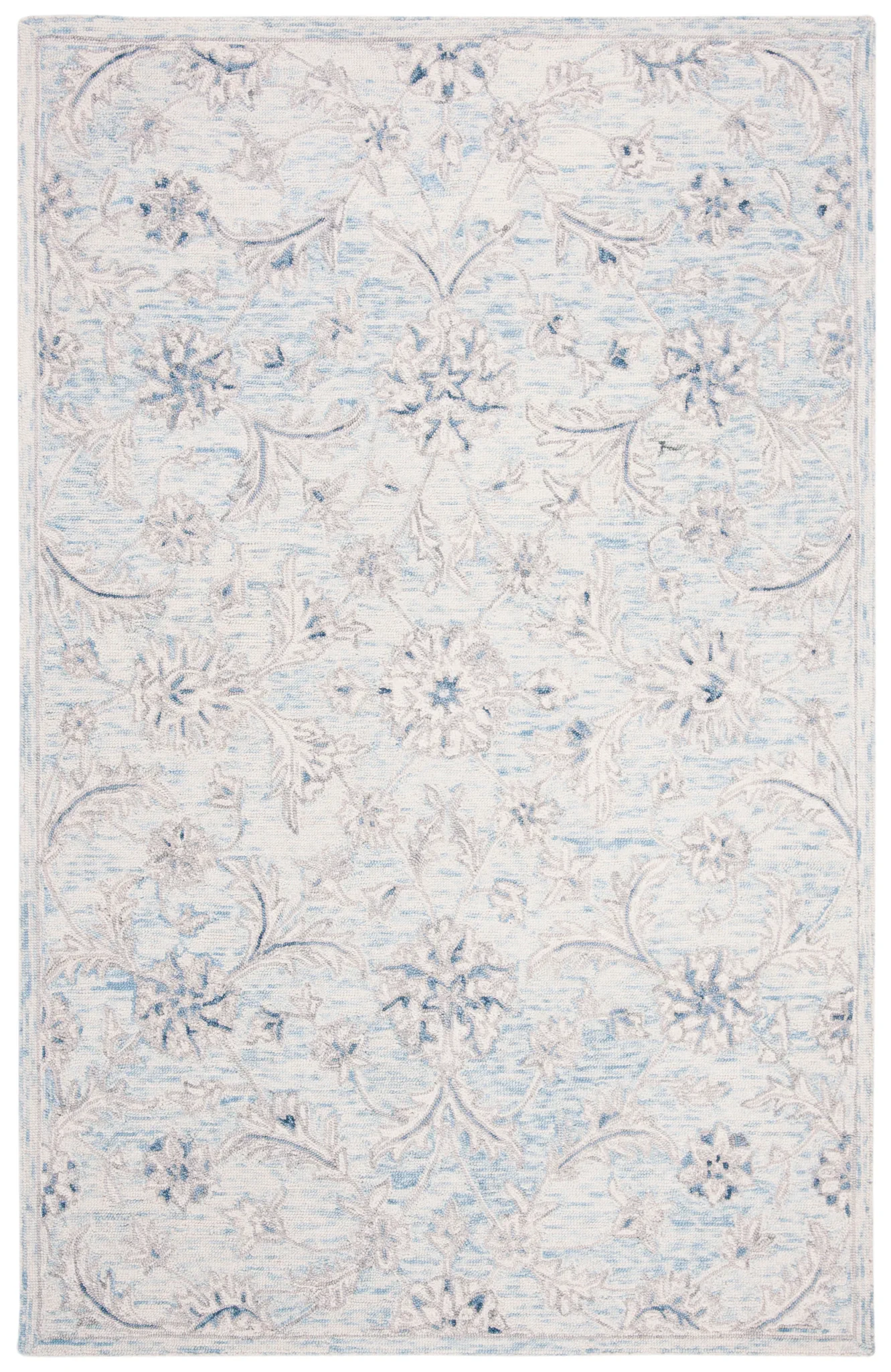 Micro-Loop Micro Loop Scrolling Floral Hand-Tufted Wool Rug in Light Blue / Ivory