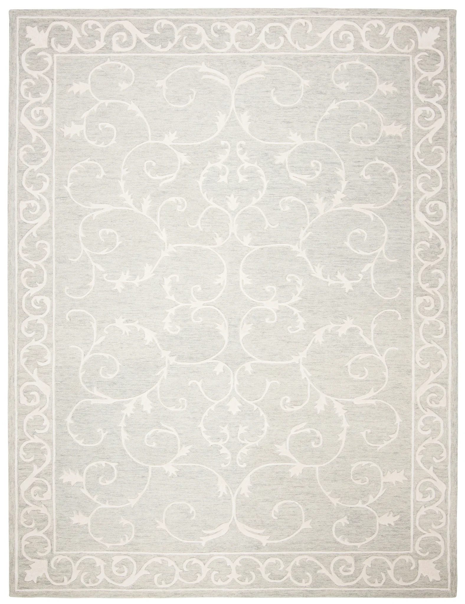 Micro-Loop Scrolling Vine Hand-Tufted Wool Rug in Light Gray / Ivory