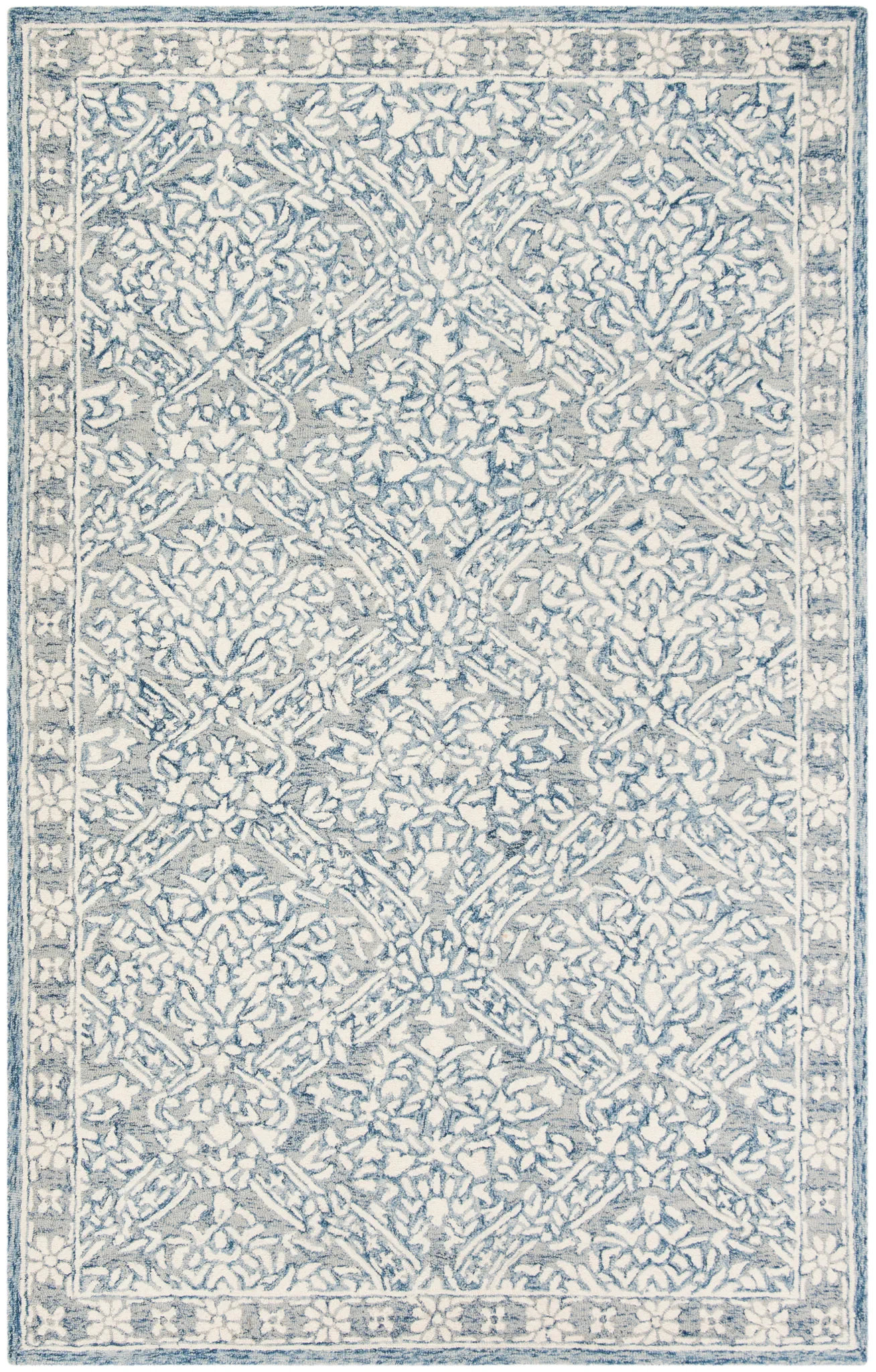 Micro-Loop Damask Trellis Hand-Tufted Wool Rug in Blue / Ivory