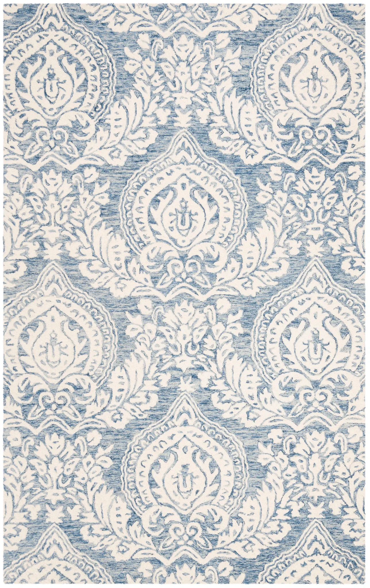 Micro-Loop Paisley Damask Hand-Tufted Wool Rug in Blue / Ivory