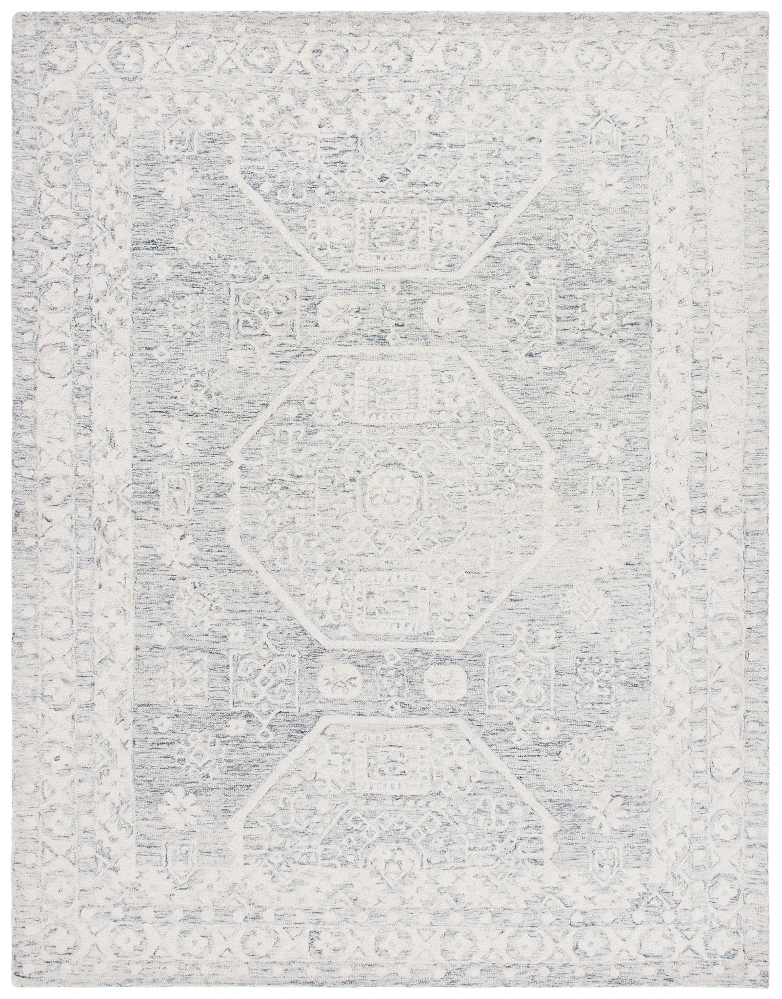 Micro-Loop Medallion Border Hand-Tufted Wool Rug in Charcoal / Ivory