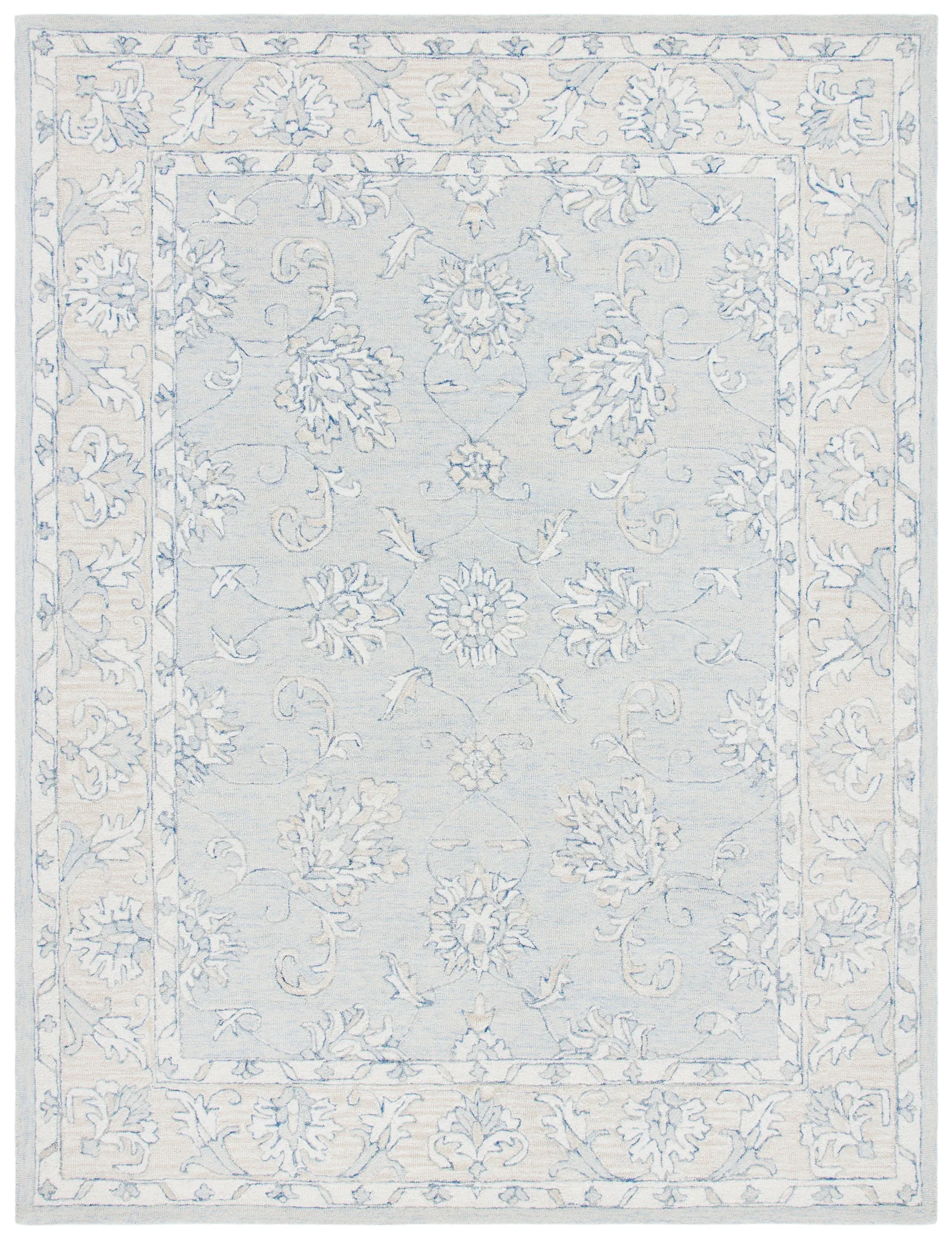 Micro-Loop Floral Border Hand-Tufted Wool Rug in Blue / Beige
