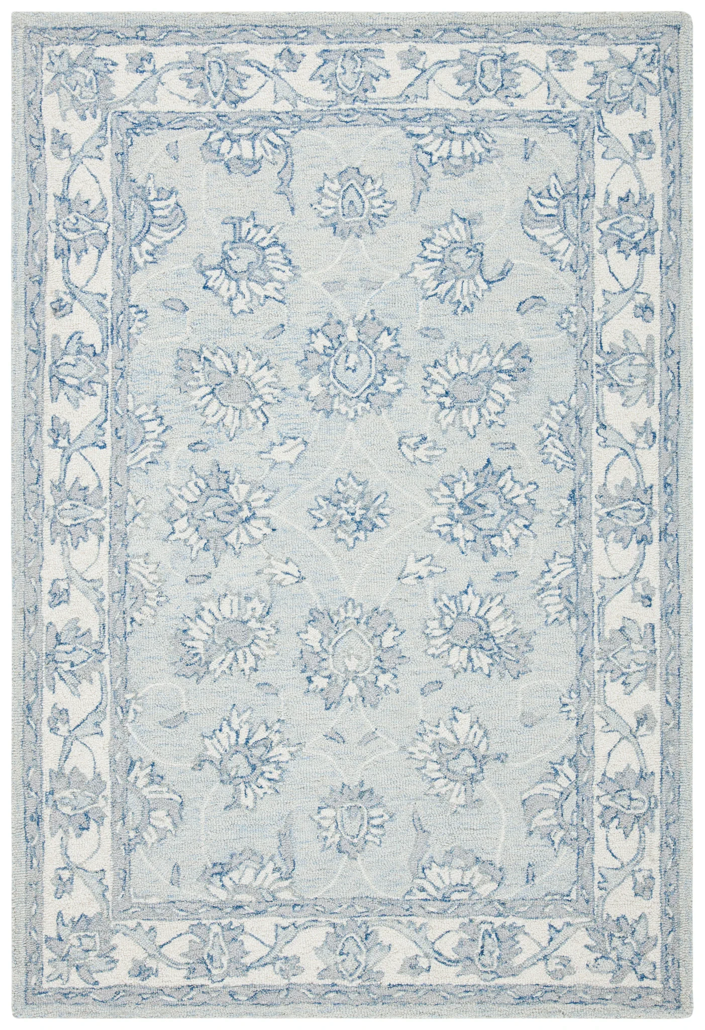 Micro-Loop Floral Border Hand-Tufted Wool Rug in Light Blue / Ivory