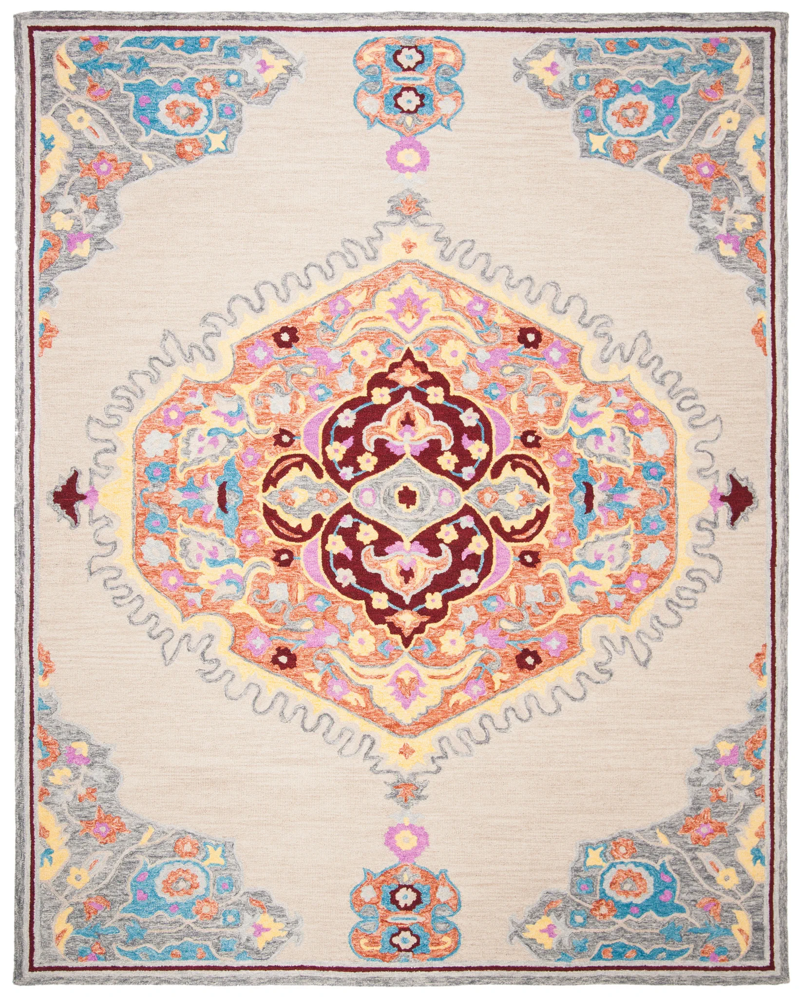 Micro-Loop Hexagon Medallion Hand-Tufted Wool Rug in Beige / Orange