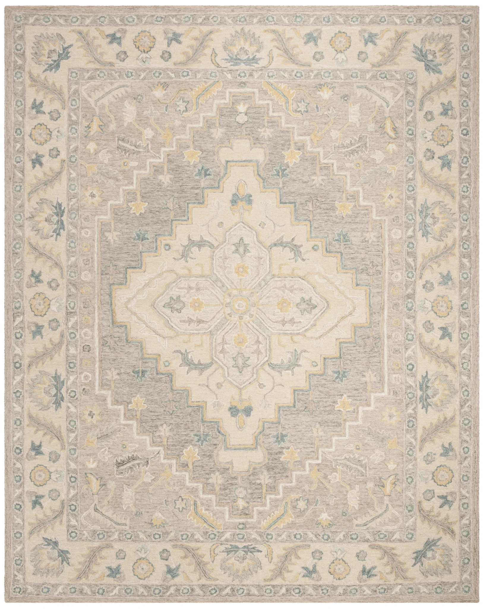 Micro-Loop Stepped Medallion Hand-Tufted Wool Rug in Beige / Gray