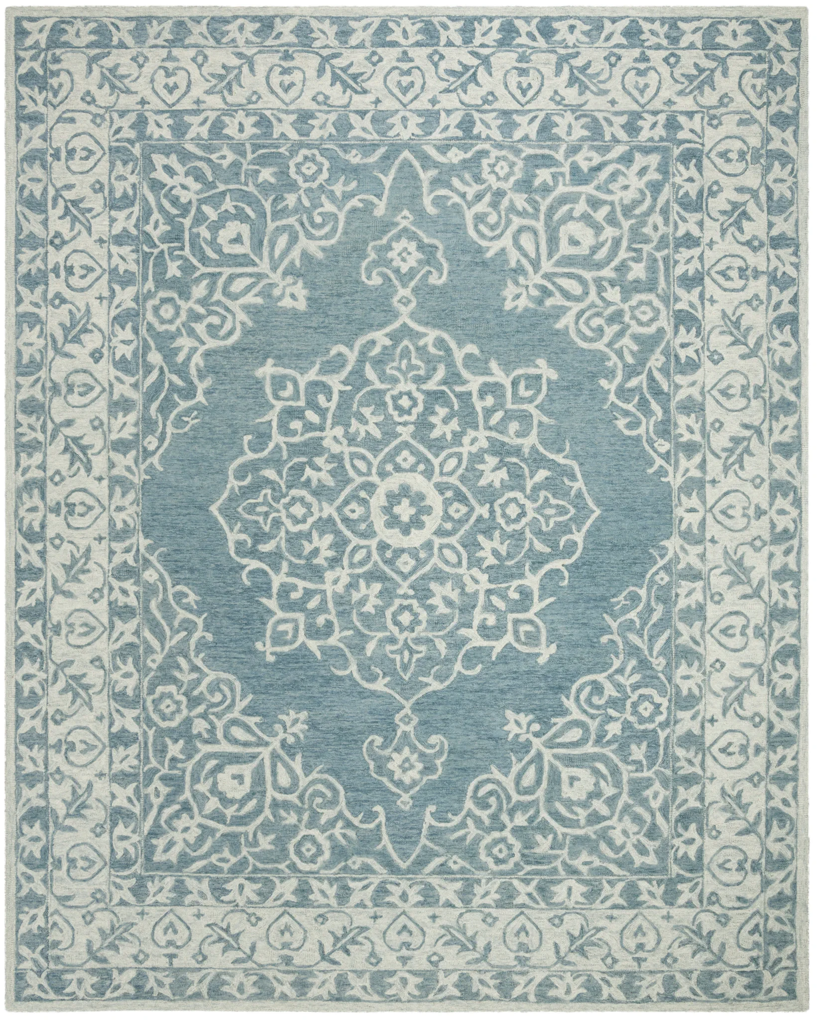 Micro-Loop Traditional Medallion Hand-Tufted Wool Rug in Blue / Light Blue