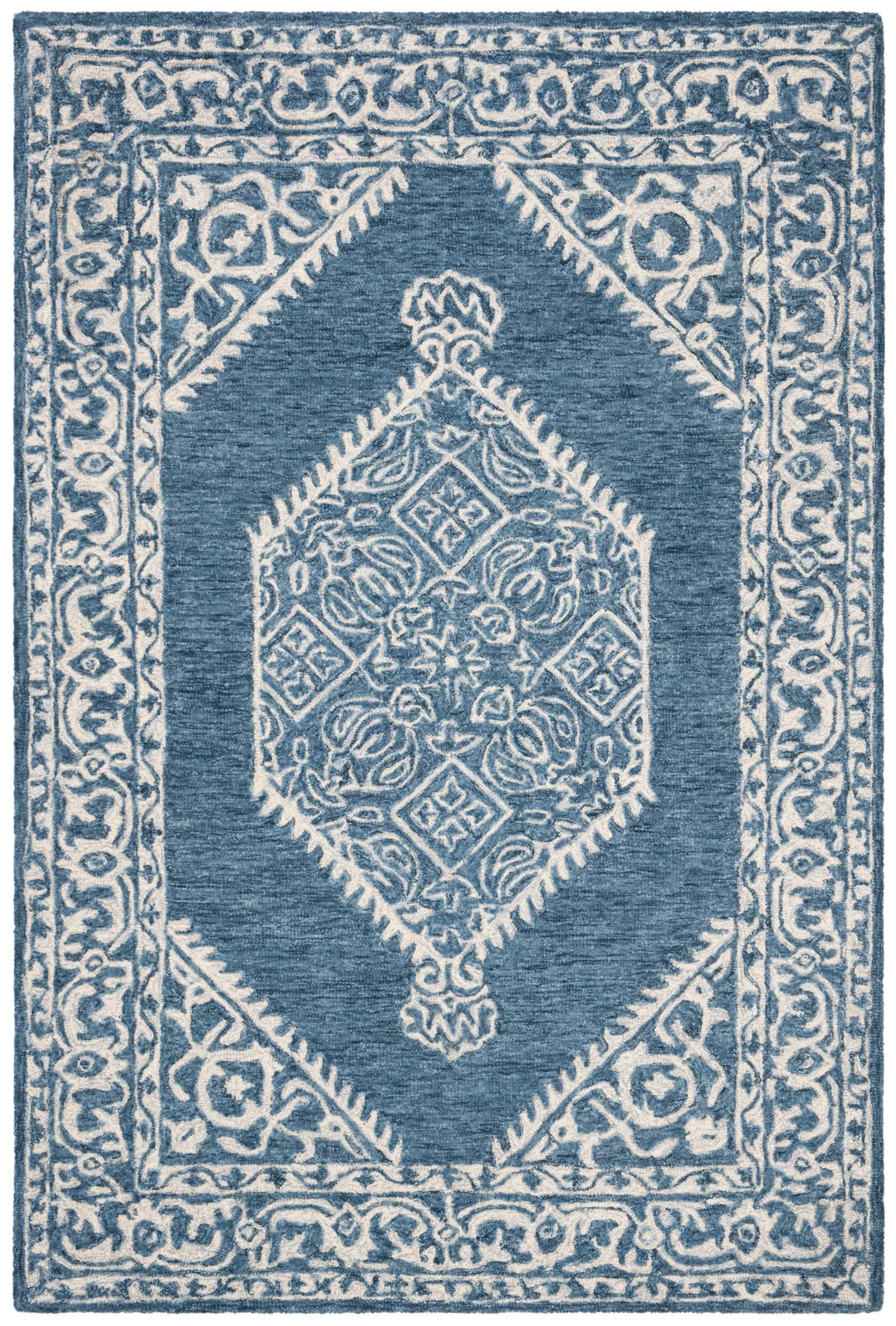 Micro-Loop Diamond Medallion Border Hand-Tufted Wool Rug in Blue / Ivory