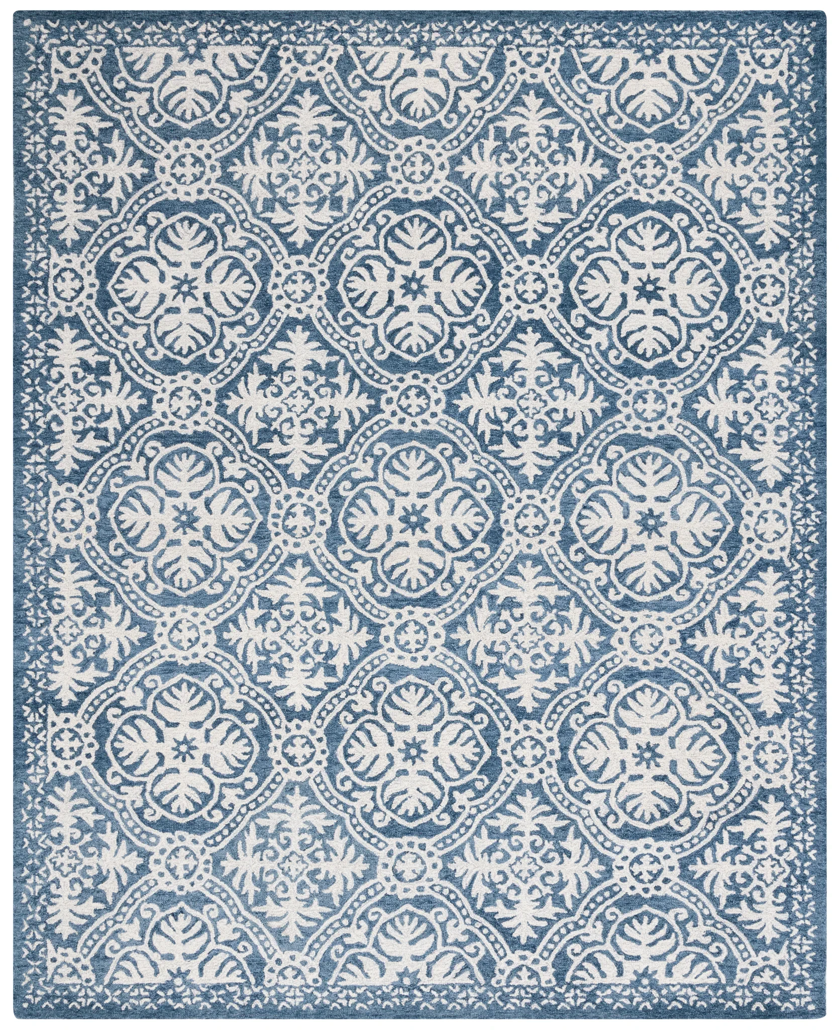 Micro-Loop Floral Tile Hand-Tufted Wool Rug in Blue / Ivory
