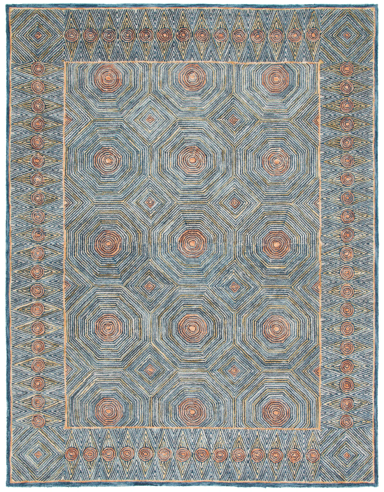 Micro-Loop Concentric Geometric Hand-Tufted Wool Rug in Green / Blue